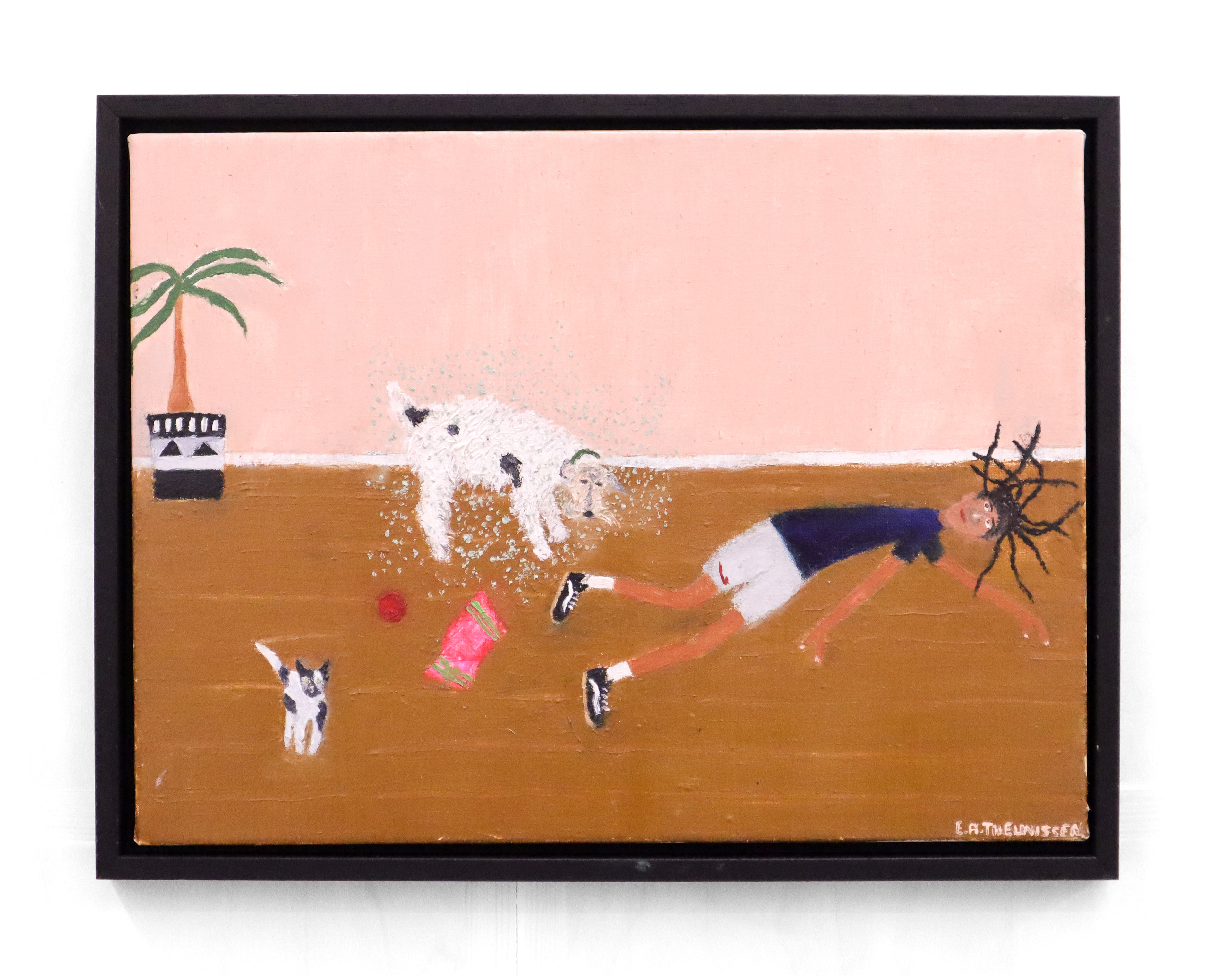 Dog Shakes off Water, Cat and Boy Evacuate (2025) Errol Theunissen, 40x30cm, oil stick and oil on linen