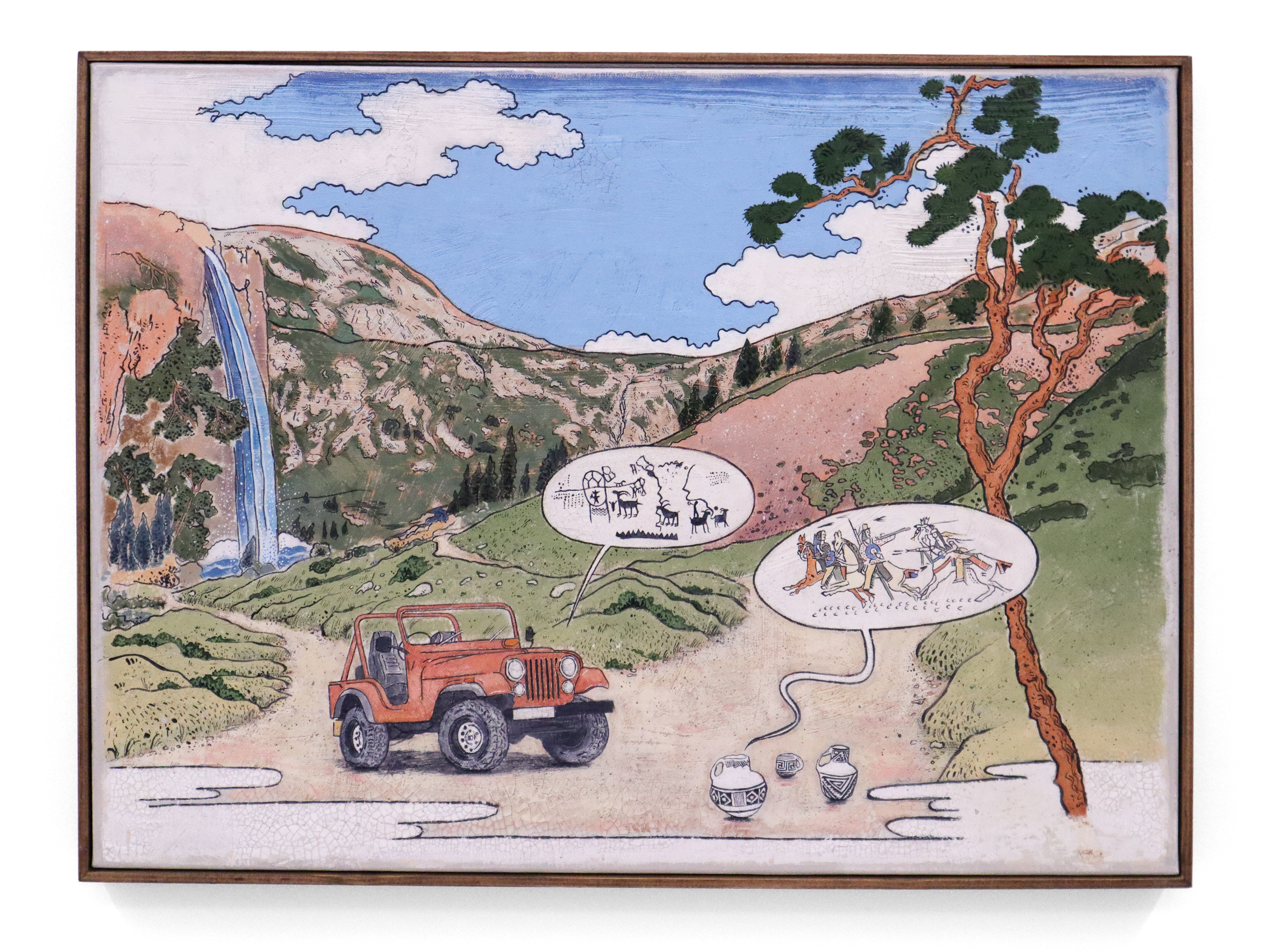 C.W.McCall’s Jeep CJ5 Discusses Decontextualisation with Anasazi Pottery on the Black Bear Road (2024) Craig Coulthard, 62x46cm, acrylic on canvas