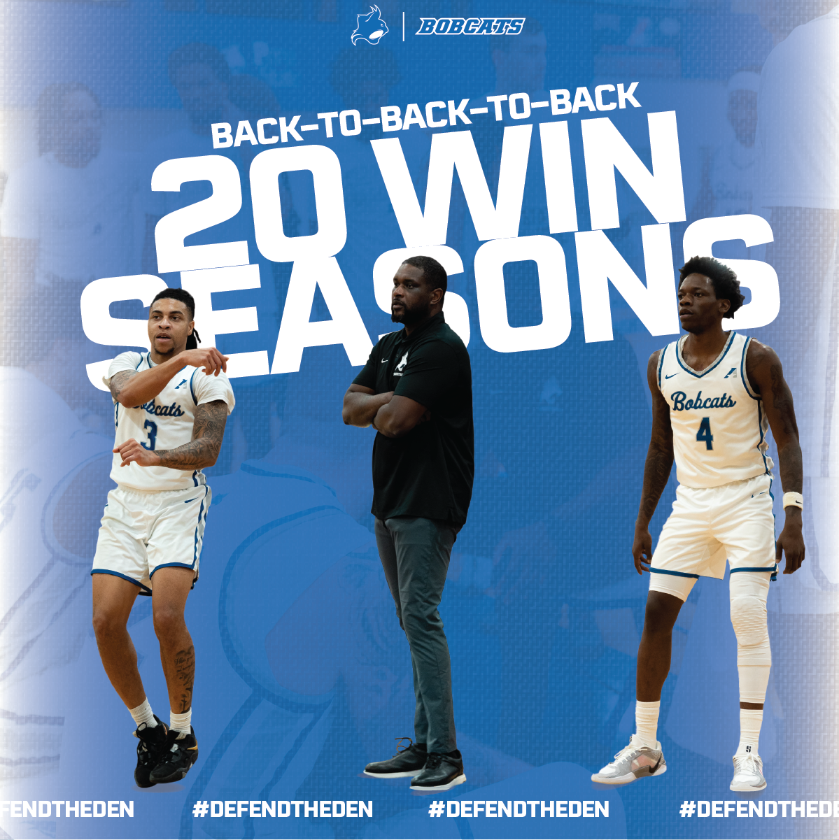 Men's Basketball social media post for three 20 Win Seasons under Coach Gentry.