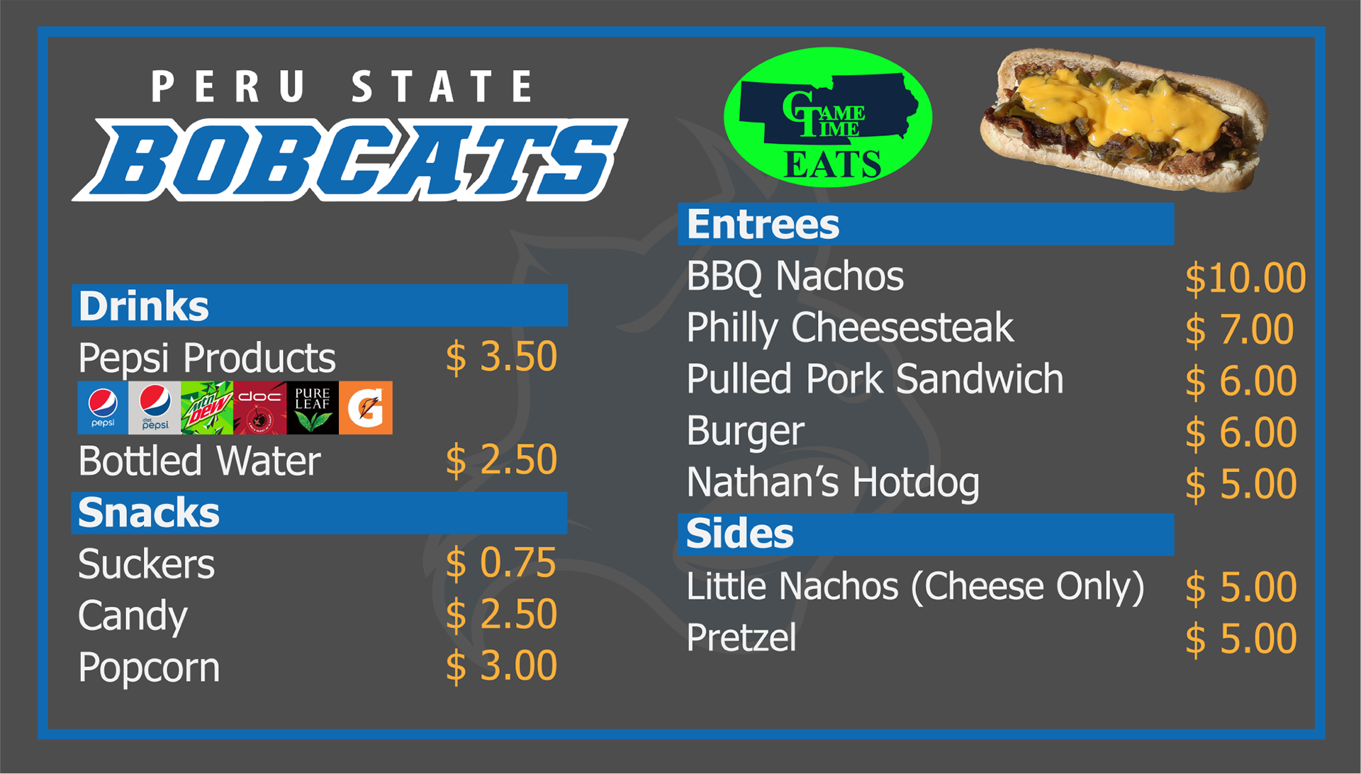 Custom menu for concession displays.