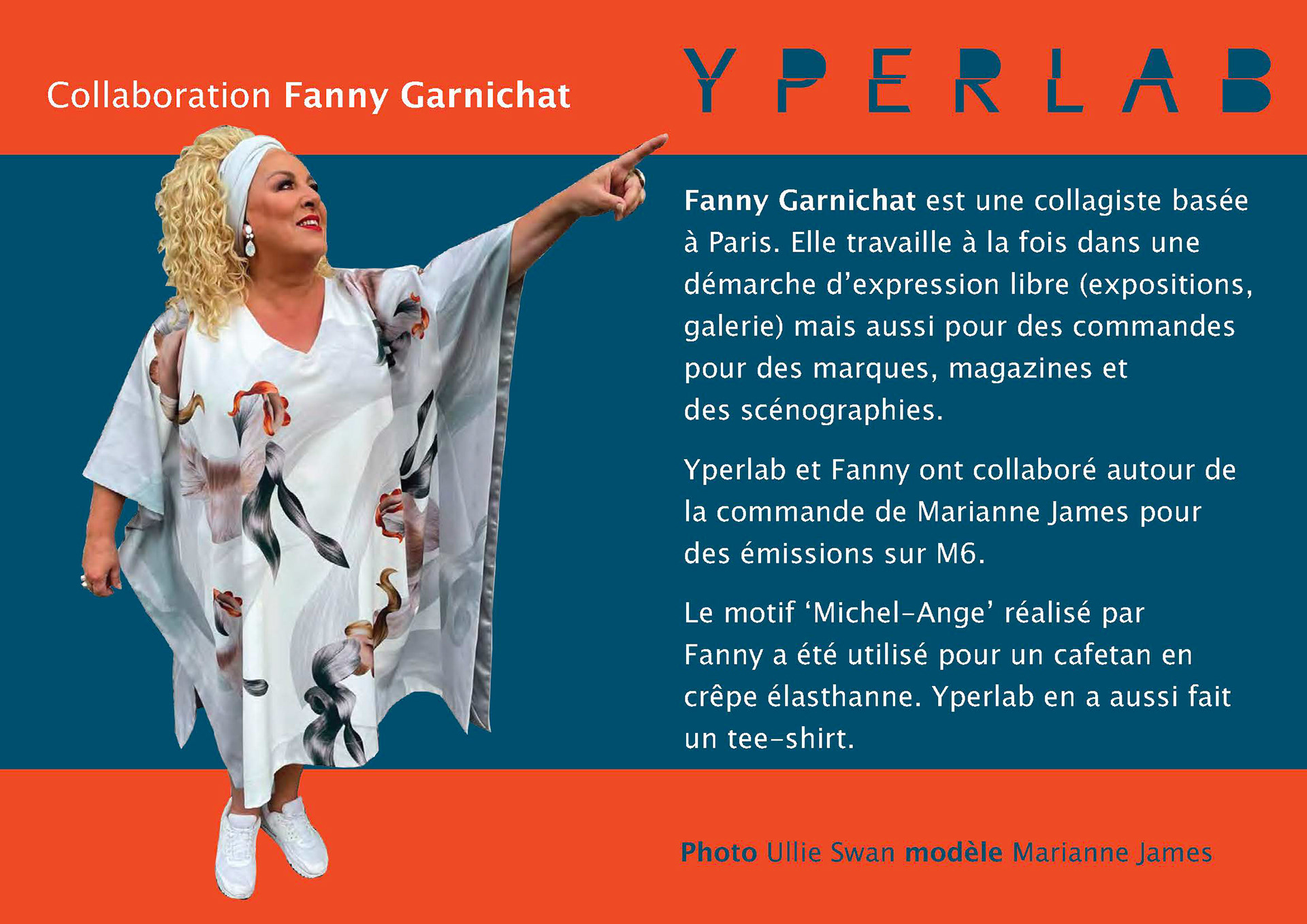 Marianne James porte un cafetan imprimé avec le collage 'Michel Ange' créé à l'occasion par Fanny Garnichat