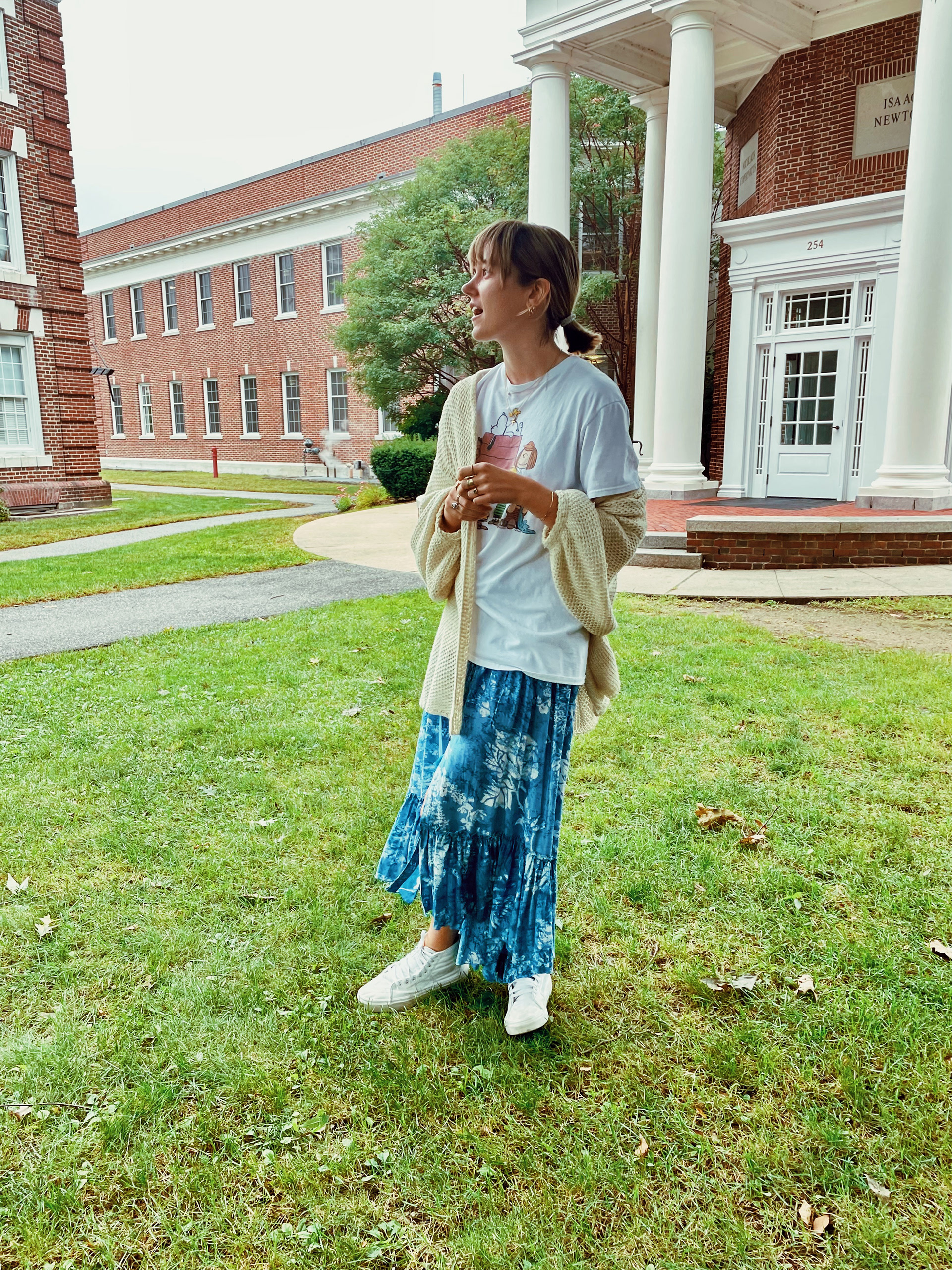 long, flowy, feminine, bohemian skirt with oversized T-shirt