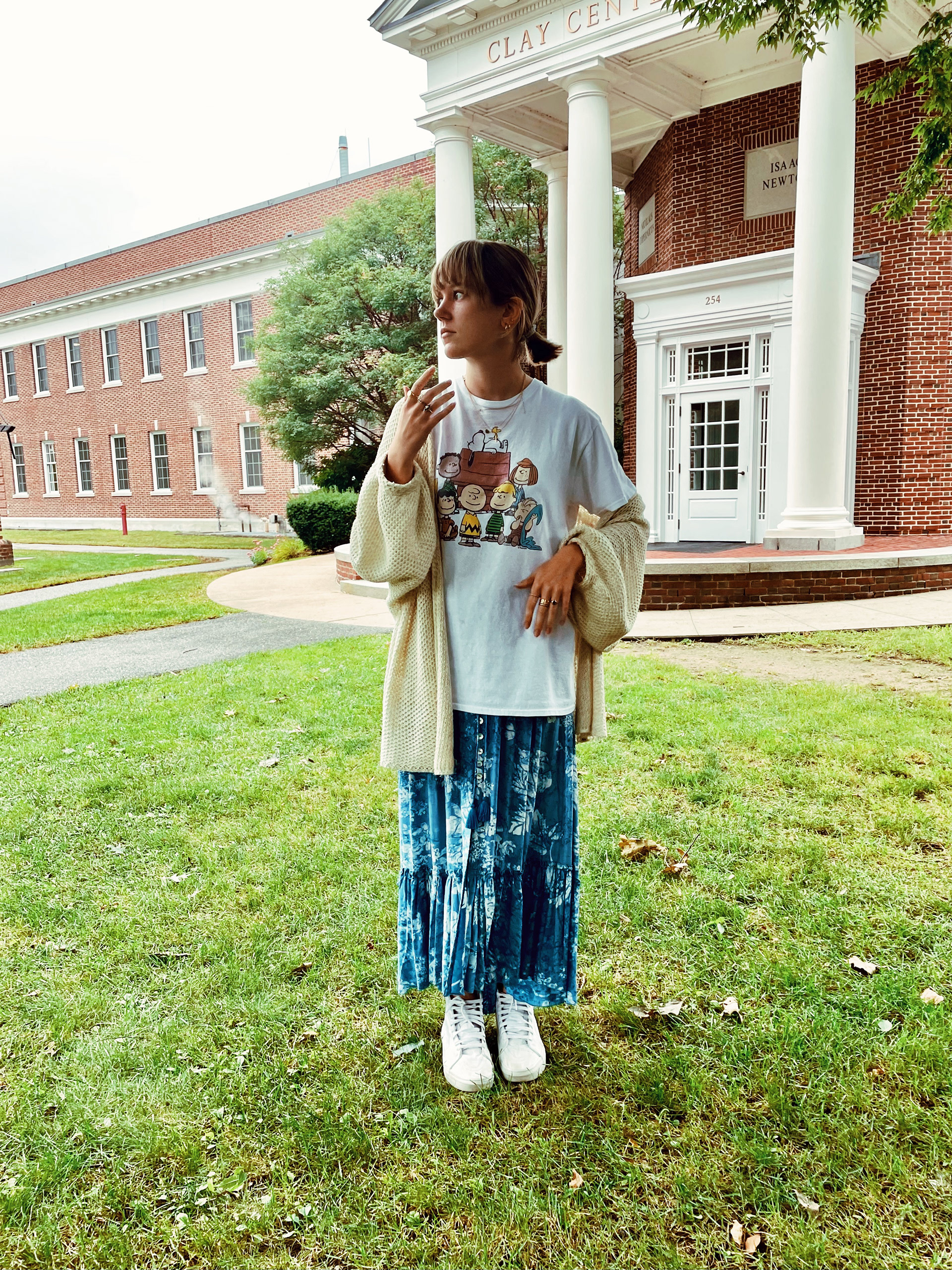 long, flowy, feminine, bohemian skirt with oversized T-shirt