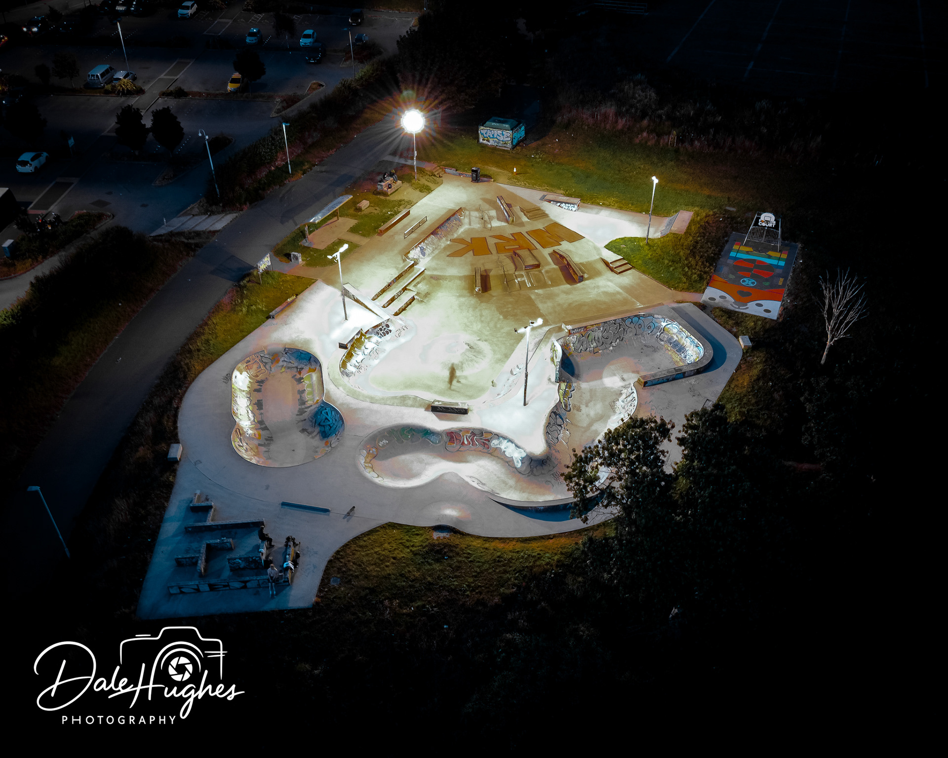 Skate park drone shot at Central Park, Plymouth.