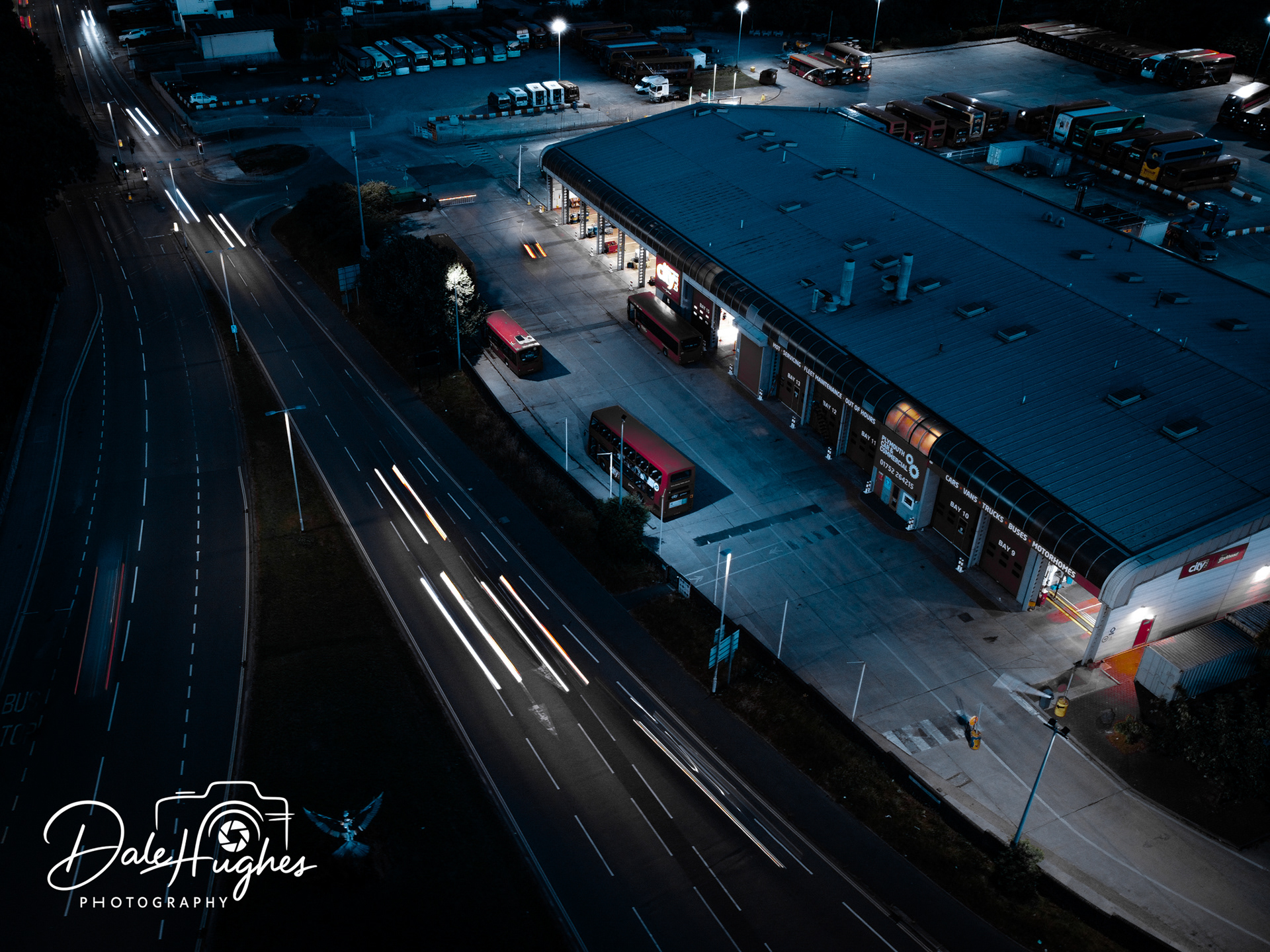 A drone shot over Plymouth City Bus