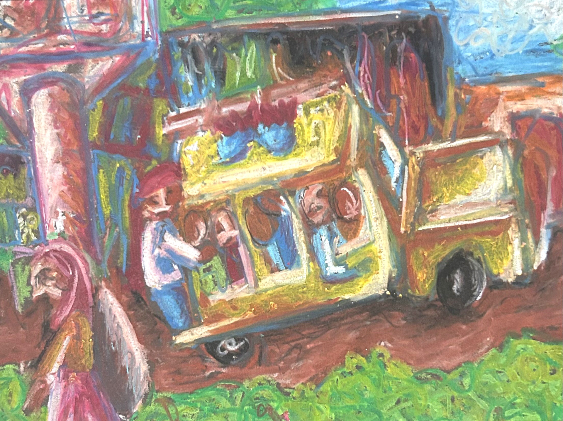Matatu - Always Room for One More, Oil pastels 9"x12"