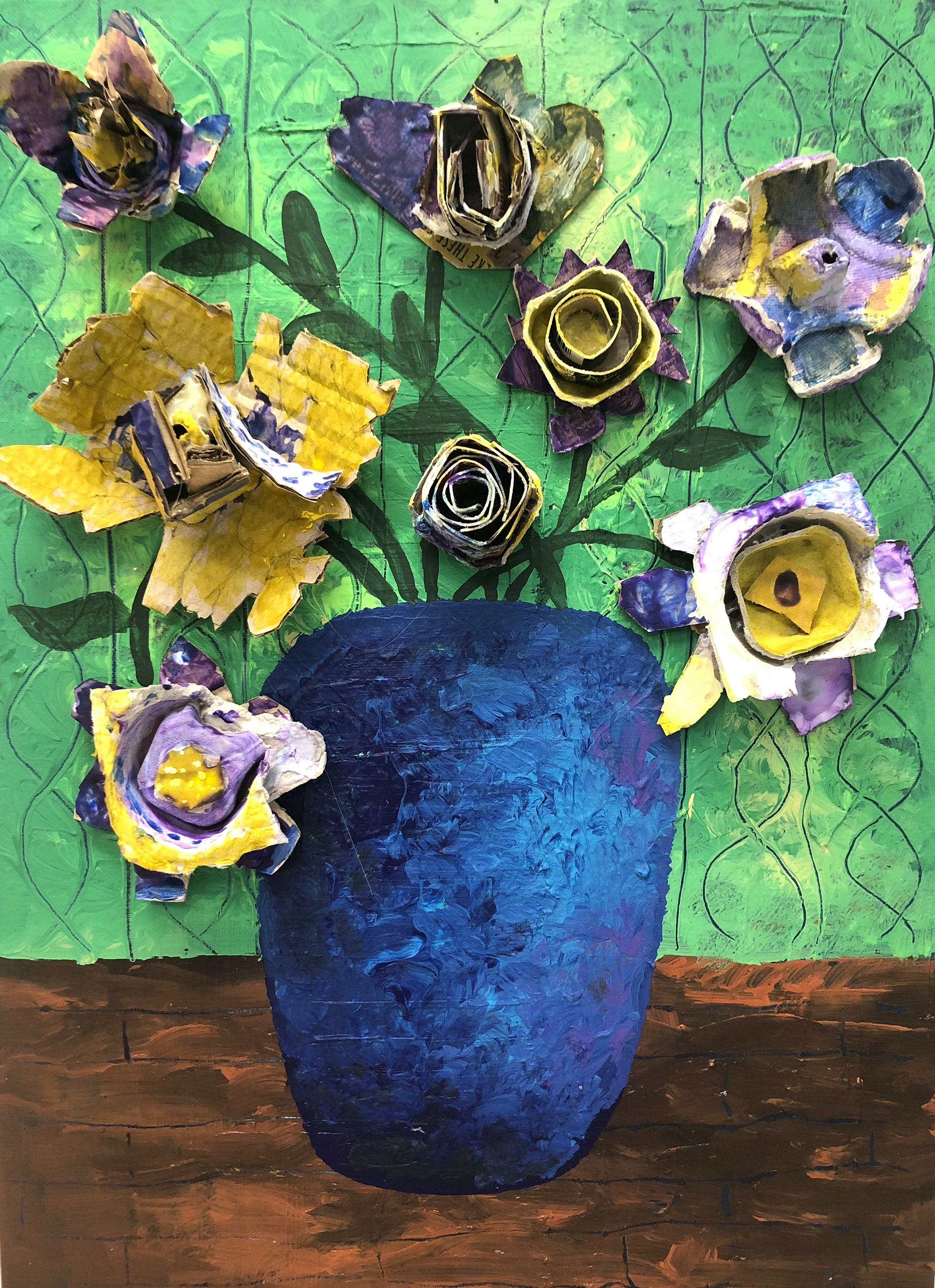 3rd grade collaborative - Acrylic vase with cardboard sculpture flowers. 18"x24"