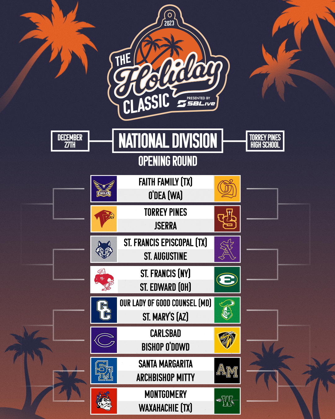 Tournament first round bracket announcement graphic.