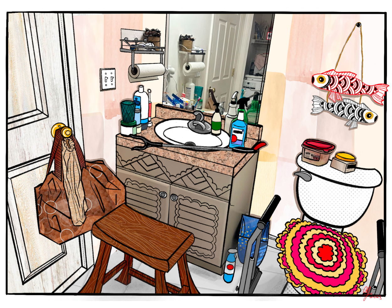 “Bathroom Portrait of Accessibility” An interpretation of our bathroom during my Mom’s cancer treatment