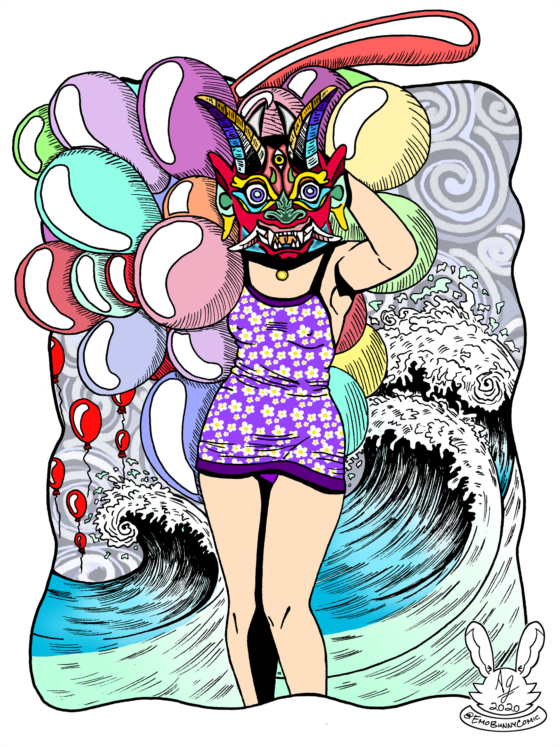 Study of Woman on Venice Beach Wearing a Mardi Gras Satan Mask