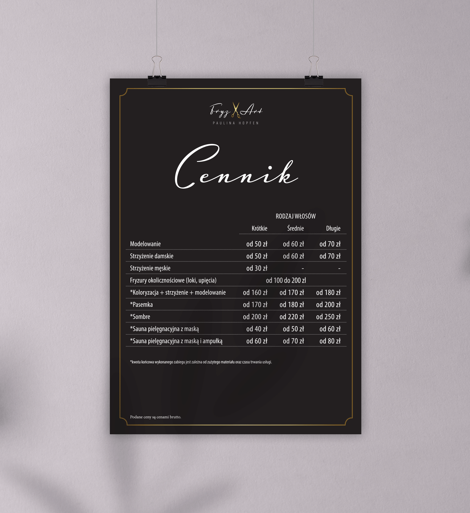 Projekt cennika dla salonu fryzjerskiego