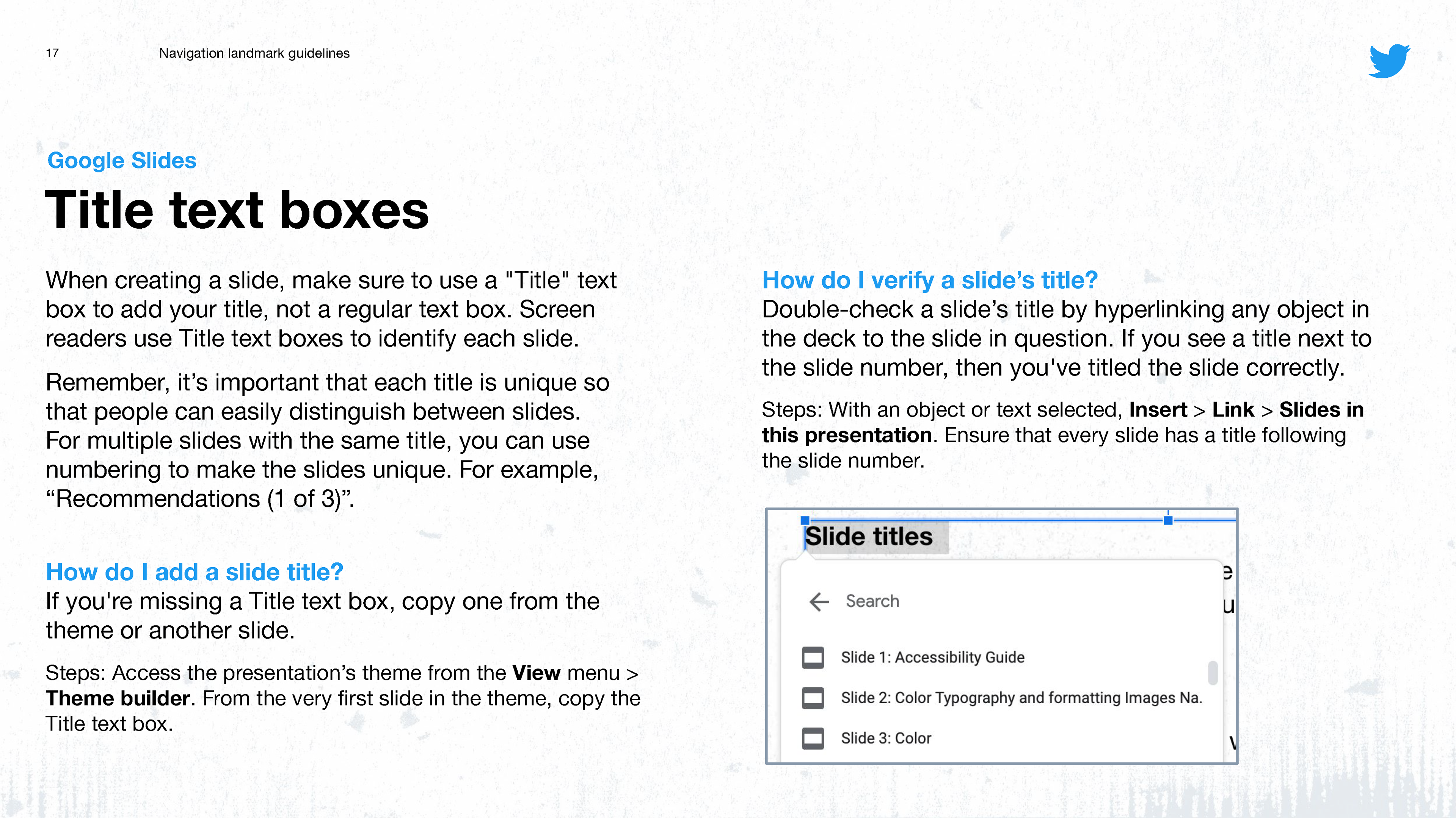 The importance of using Title text boxes in Google Slides.