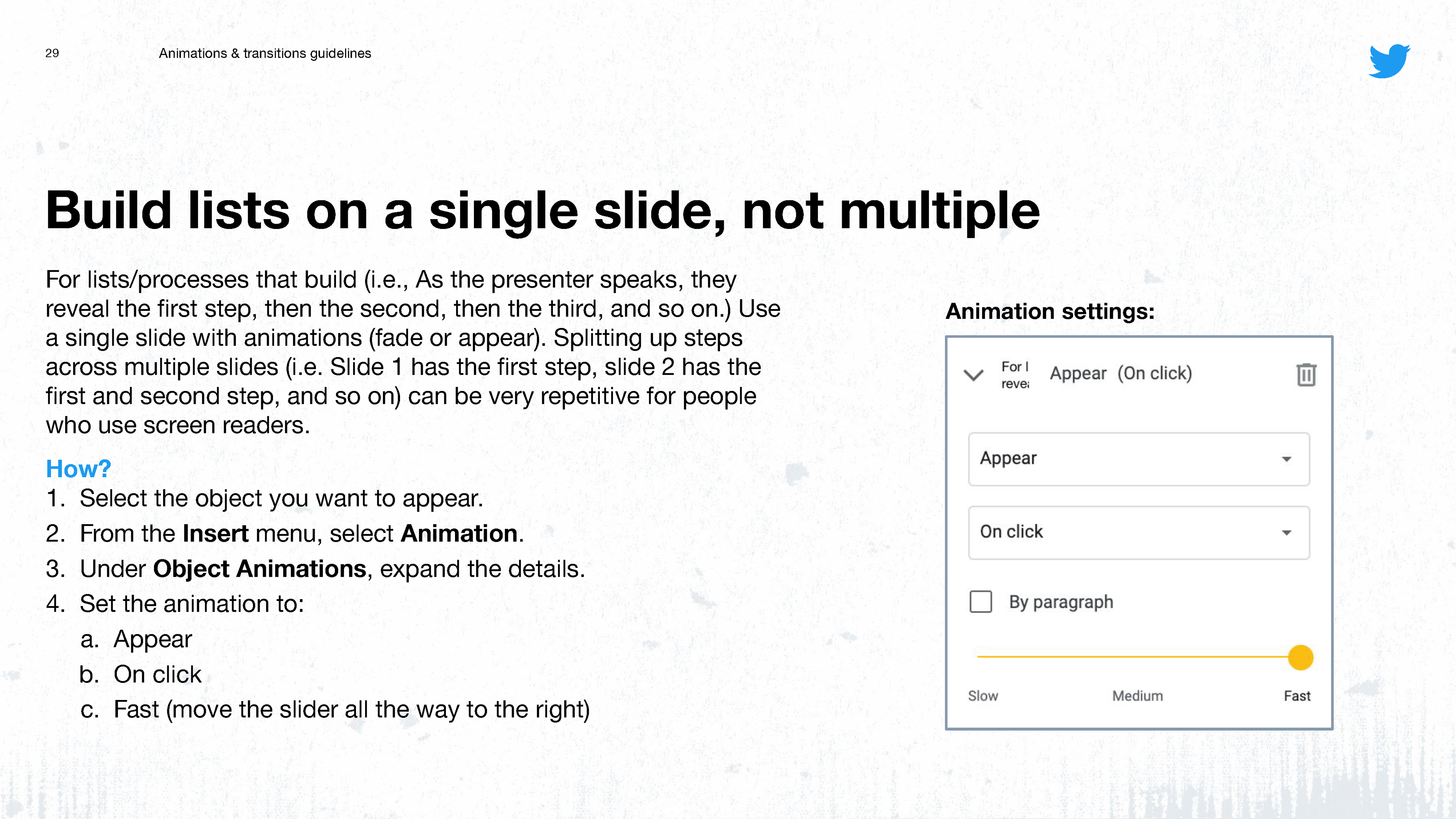 Building lists using animations.
