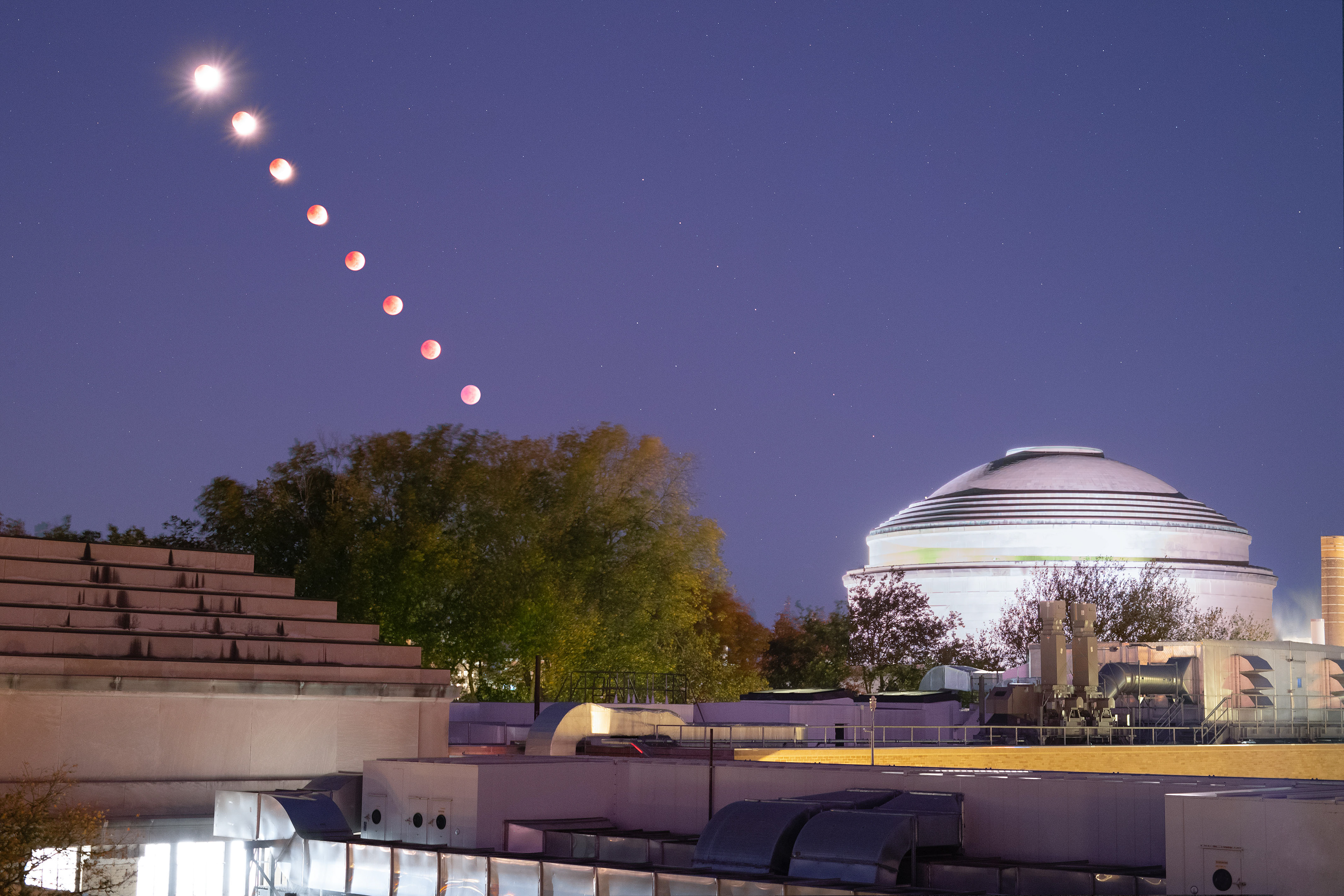 Total lunar eclipse and the MIT Dome. Cambridge, MA.
