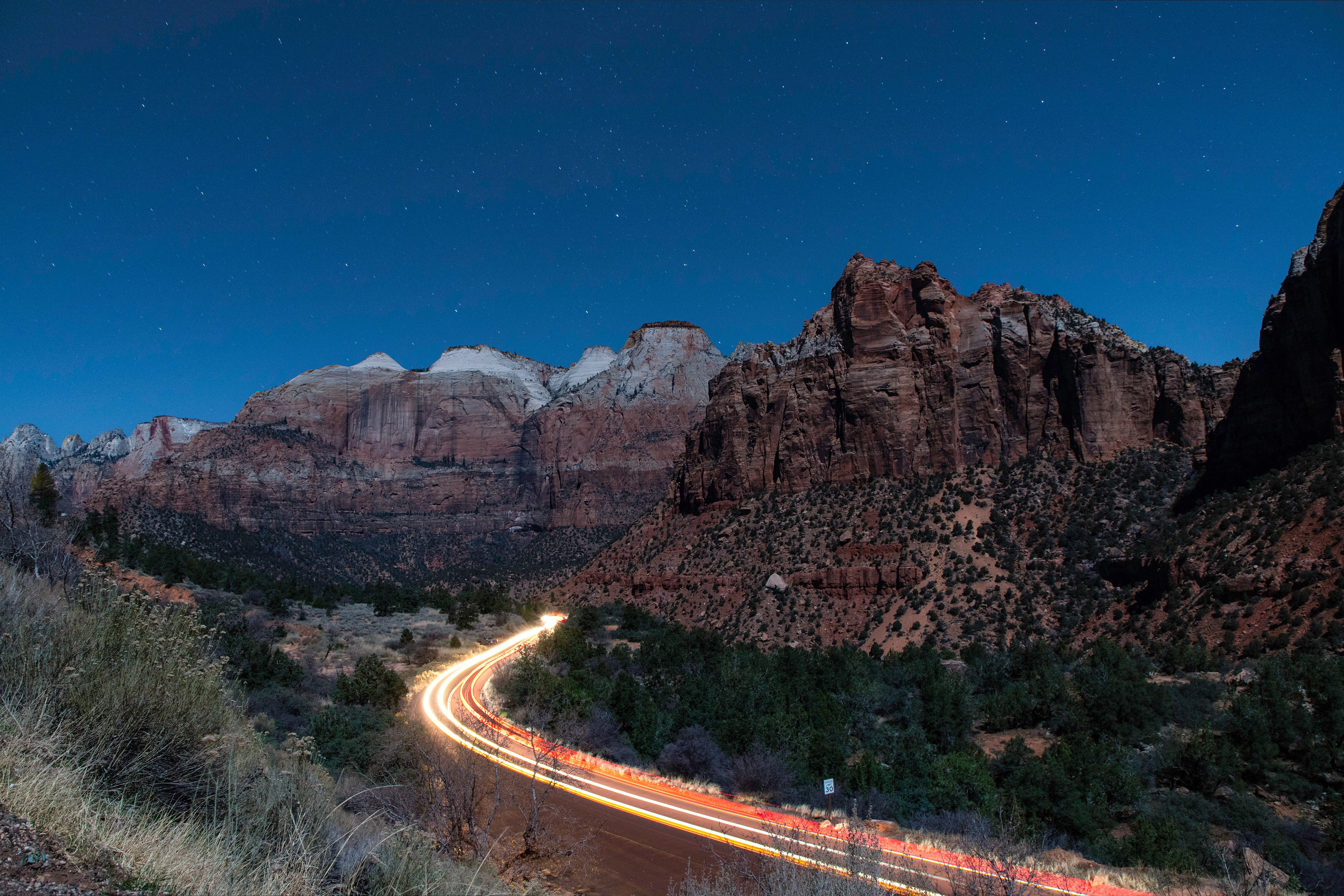 Stars and car trail in Zion. Zion NP, UT.