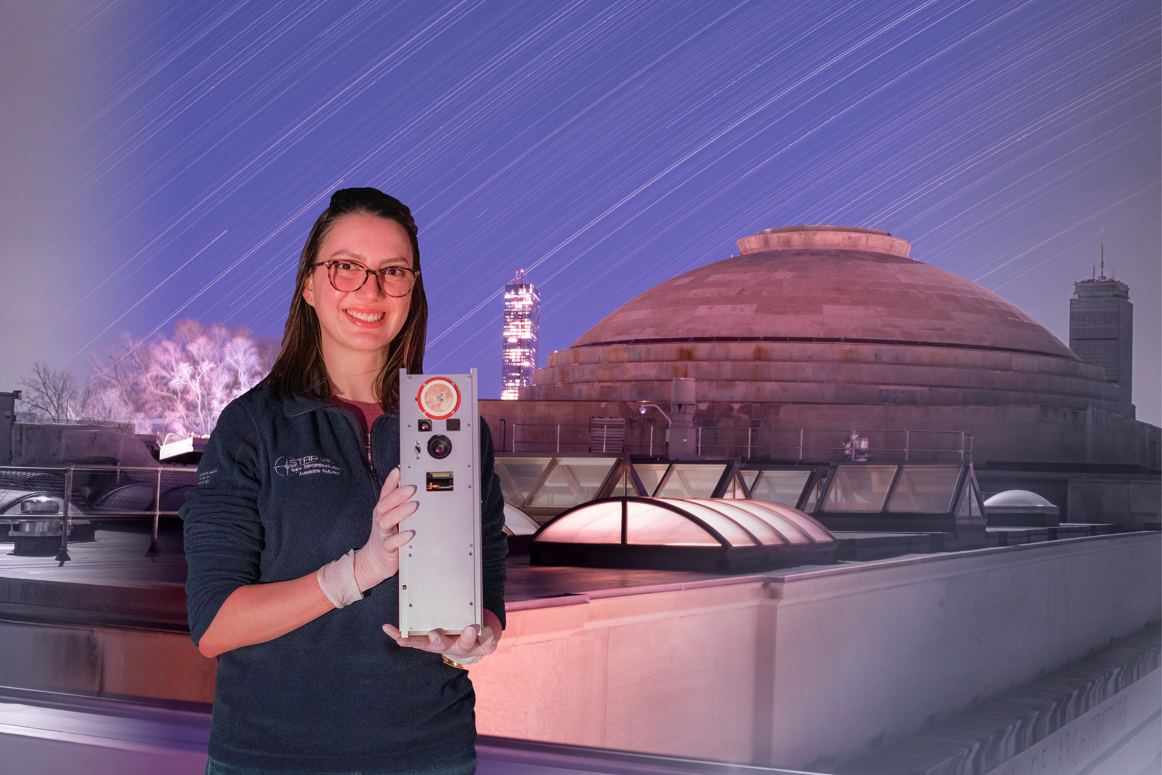 Composite image combining visible and infrared electromagnetic waves from 400nm to 830nm: Over 1,000 frames were captured during a six - hour period to create the star trail background, one image was captured using an 830nm infrared filte r of the scene foreground and background, and one image was captured of do Vale Pereira holding Beavercube. Cambridge, MA.