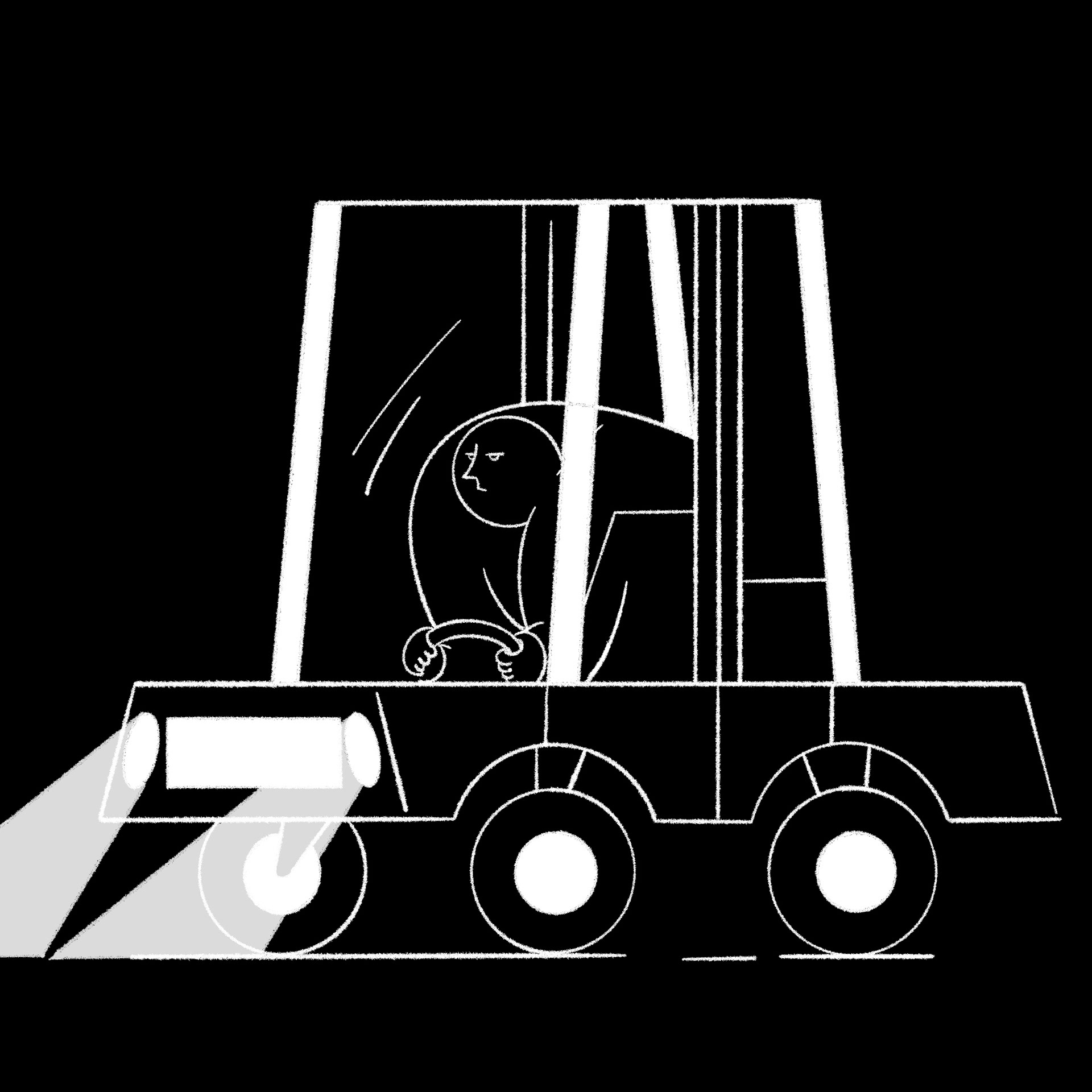 Illustration d'un homme ennuyé dans sa voiture. L'illustration est en noir et blanc.