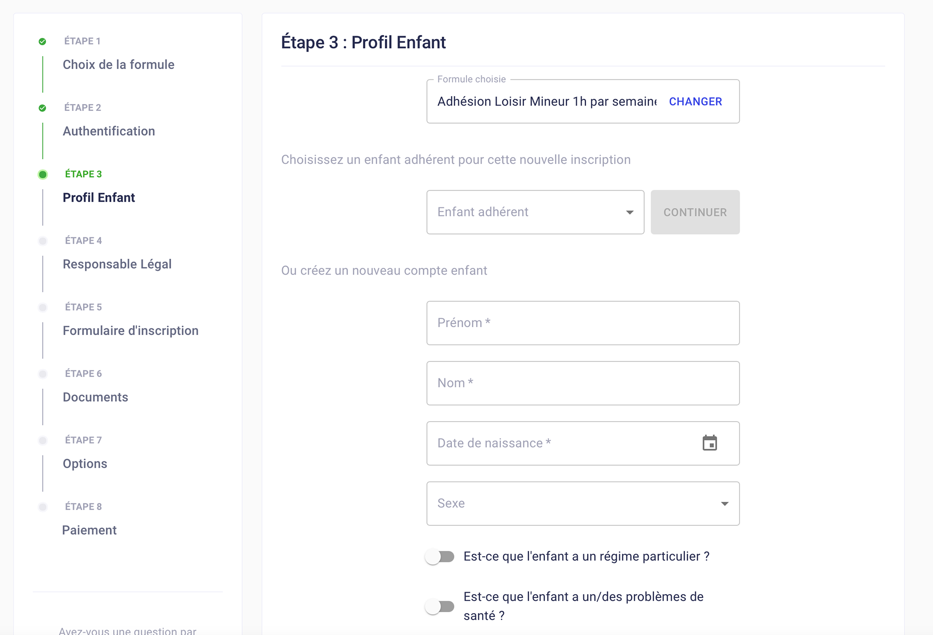 Page de création du profil de l'enfant