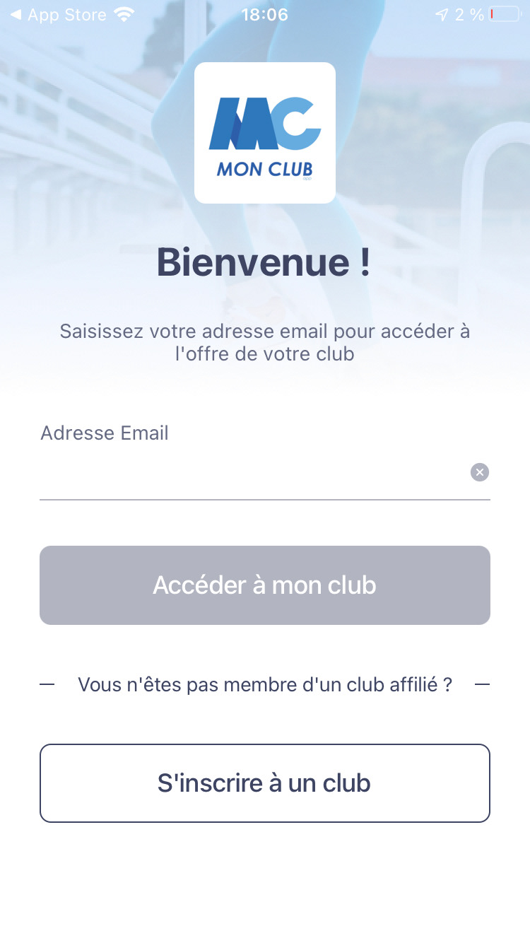 Ouvrir l'application et cliquer sur "s'inscrire à un Club" si vous n'avez pas déjà créé un compte