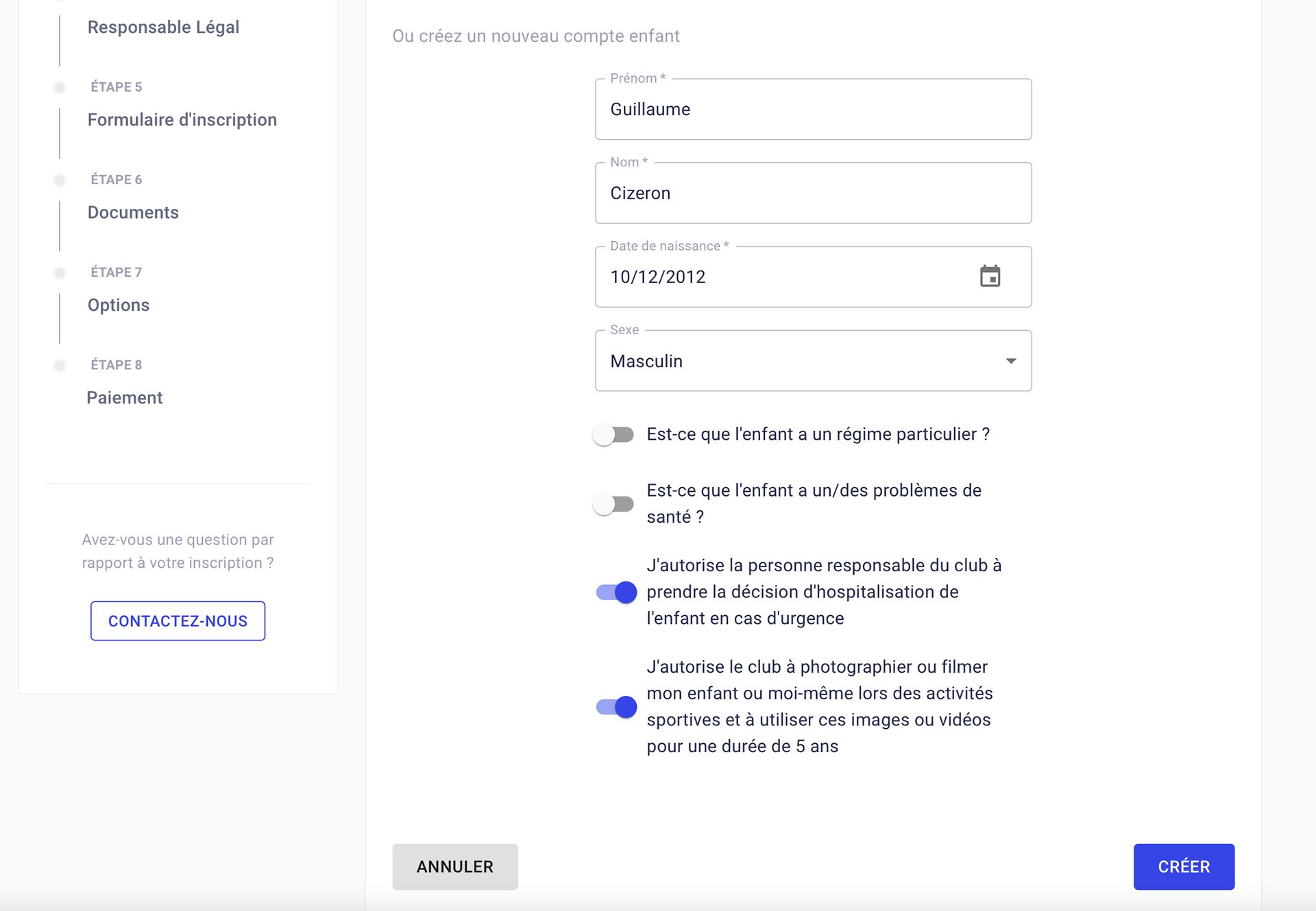 Saisissez les informations demandées pour l'enfant et validez en cliquant sur "CREER"