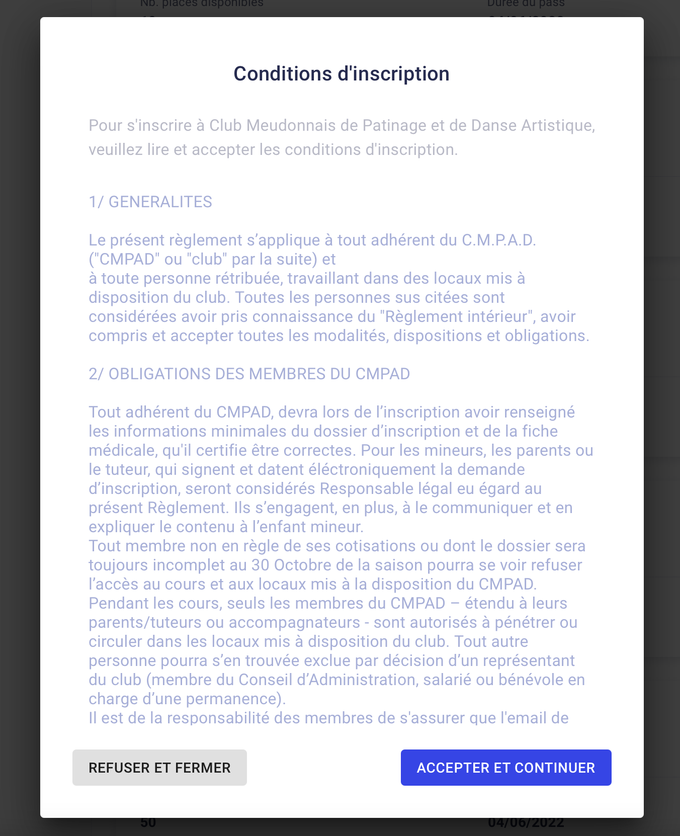 Lisez et acceptez les conditions d'inscription au CMPAD