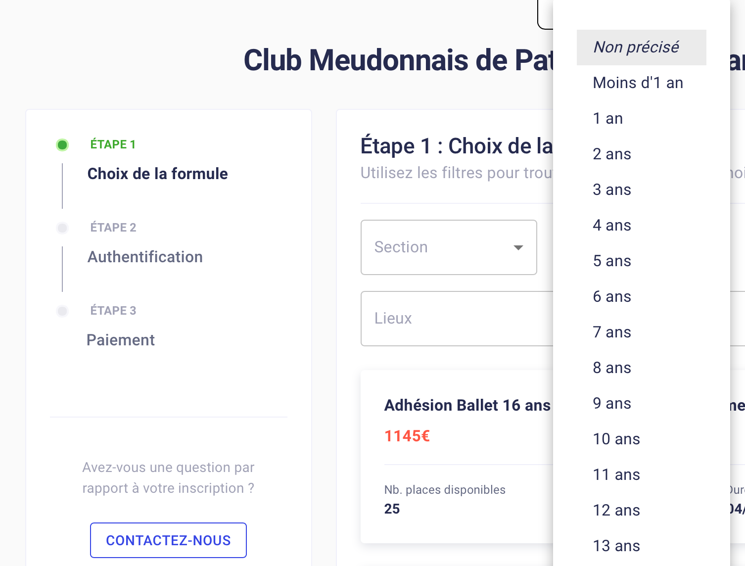 Si vous cliquez sur Age, vous pouvez indiquer l'âge du patineur pour limiter les formules