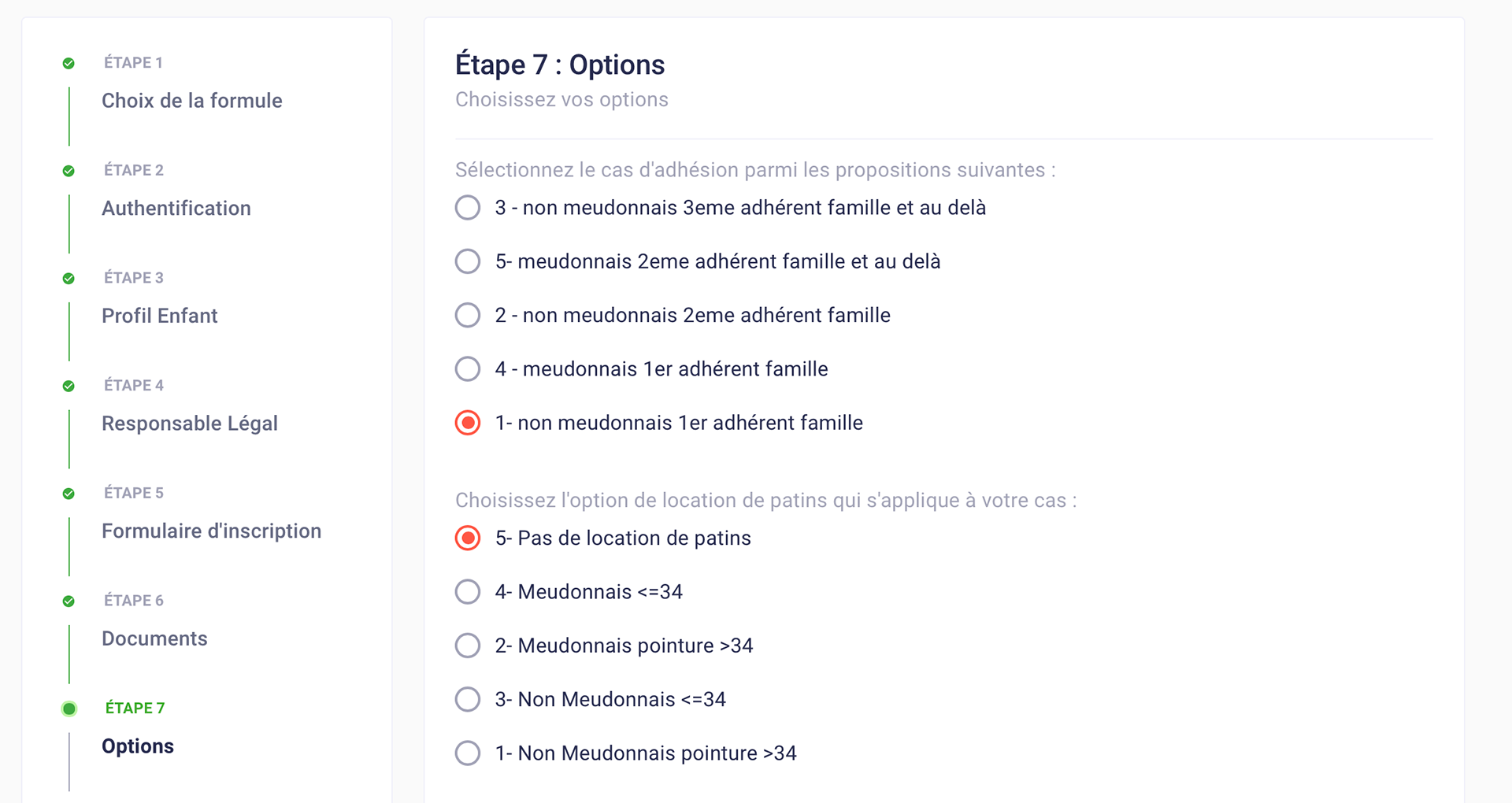 Précisez les options de souscription qui vous concernent. Meudonnais ou Non, 1er adhérent de la famille, 2eme adhérent etc...