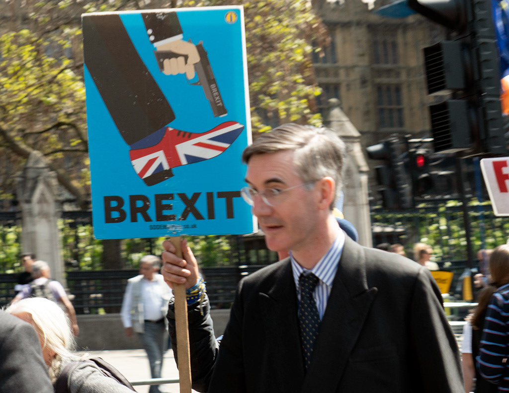 Jacob Rees-Mogg and anti-Brexit placard