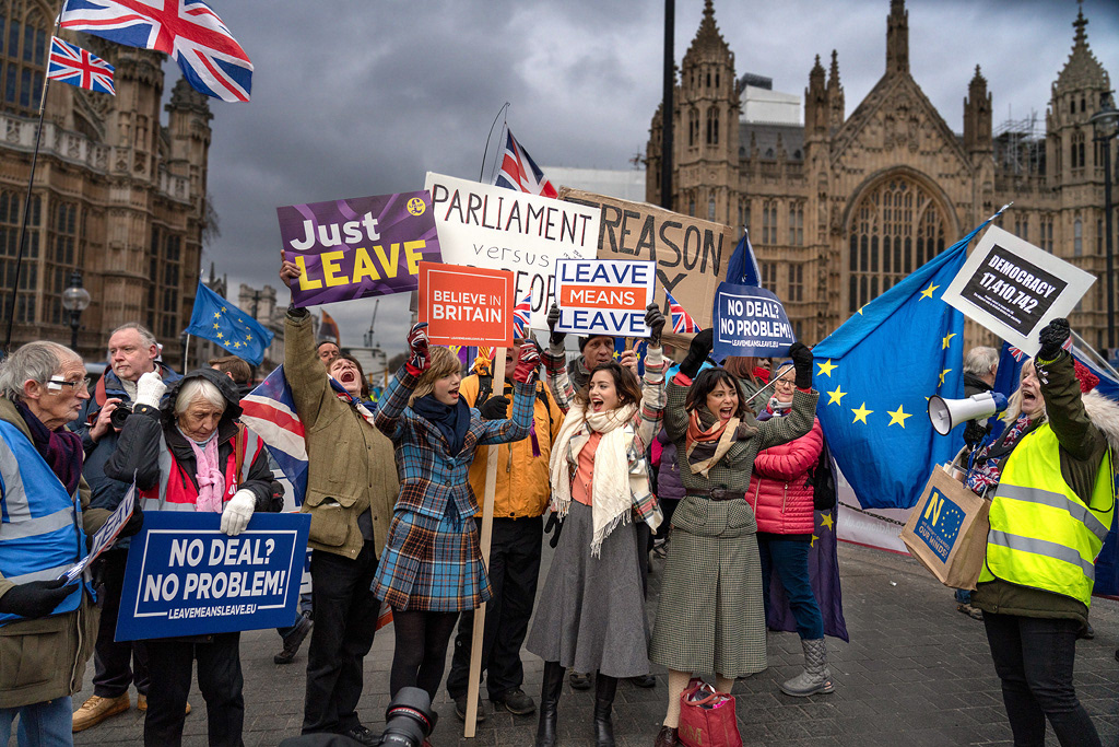 Leave supporters, infiltrated by a remainer with an EU flag