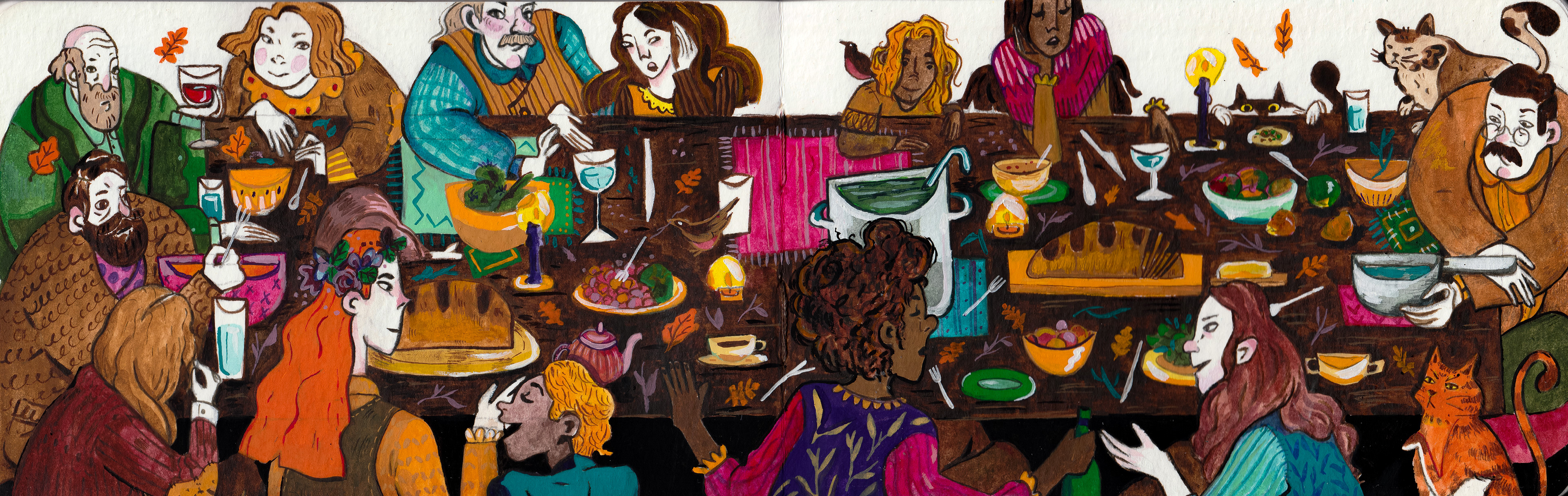 Midnight Feast: A personal sketchbook piece created with gouache in a landscape watercolour sketchbook for Drawtober. I loved designing all of the individual characters in this piece!