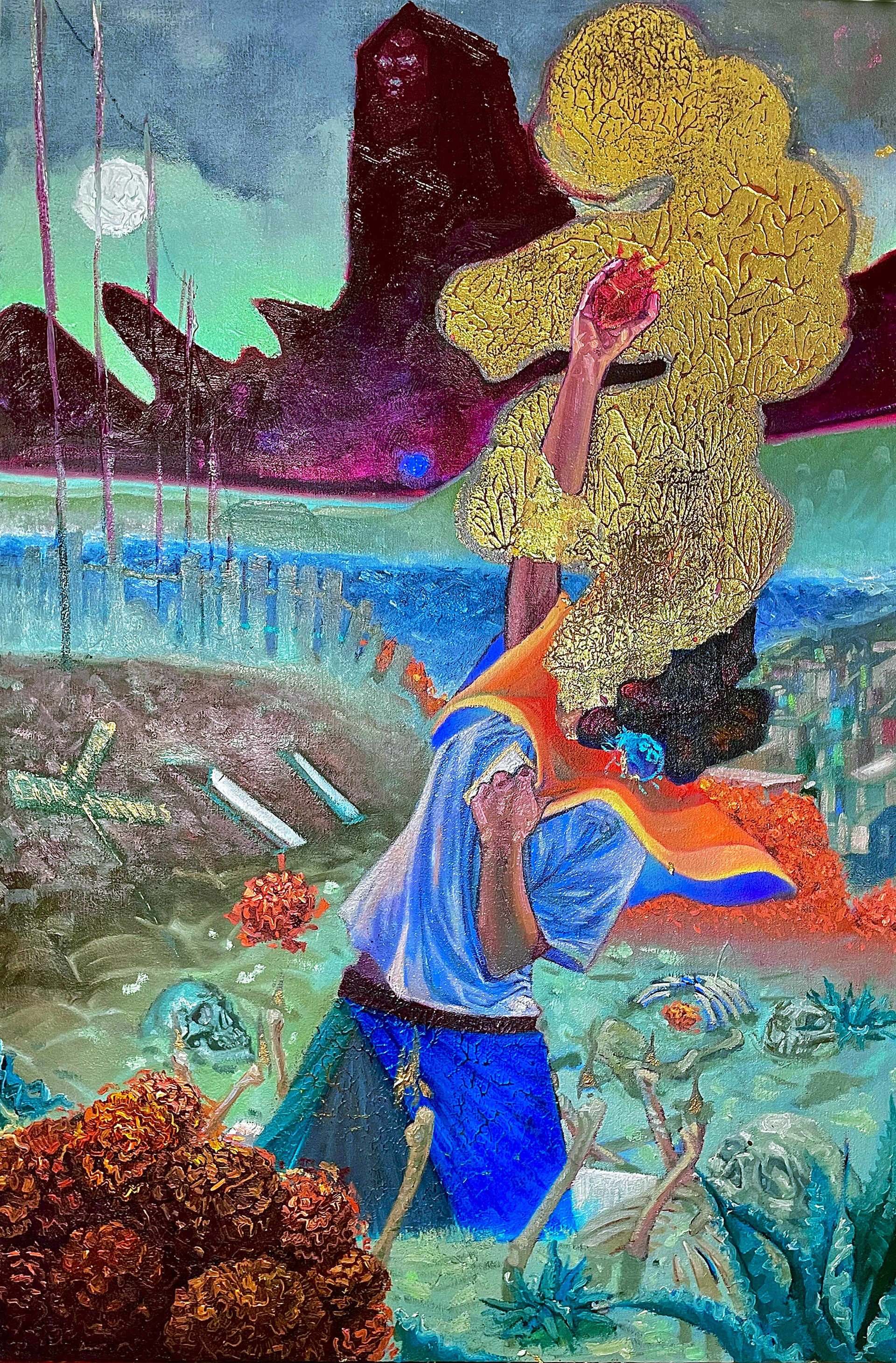 Lamentations Across Guachimontones, 24"x36", Oil, UV reactive Pigment