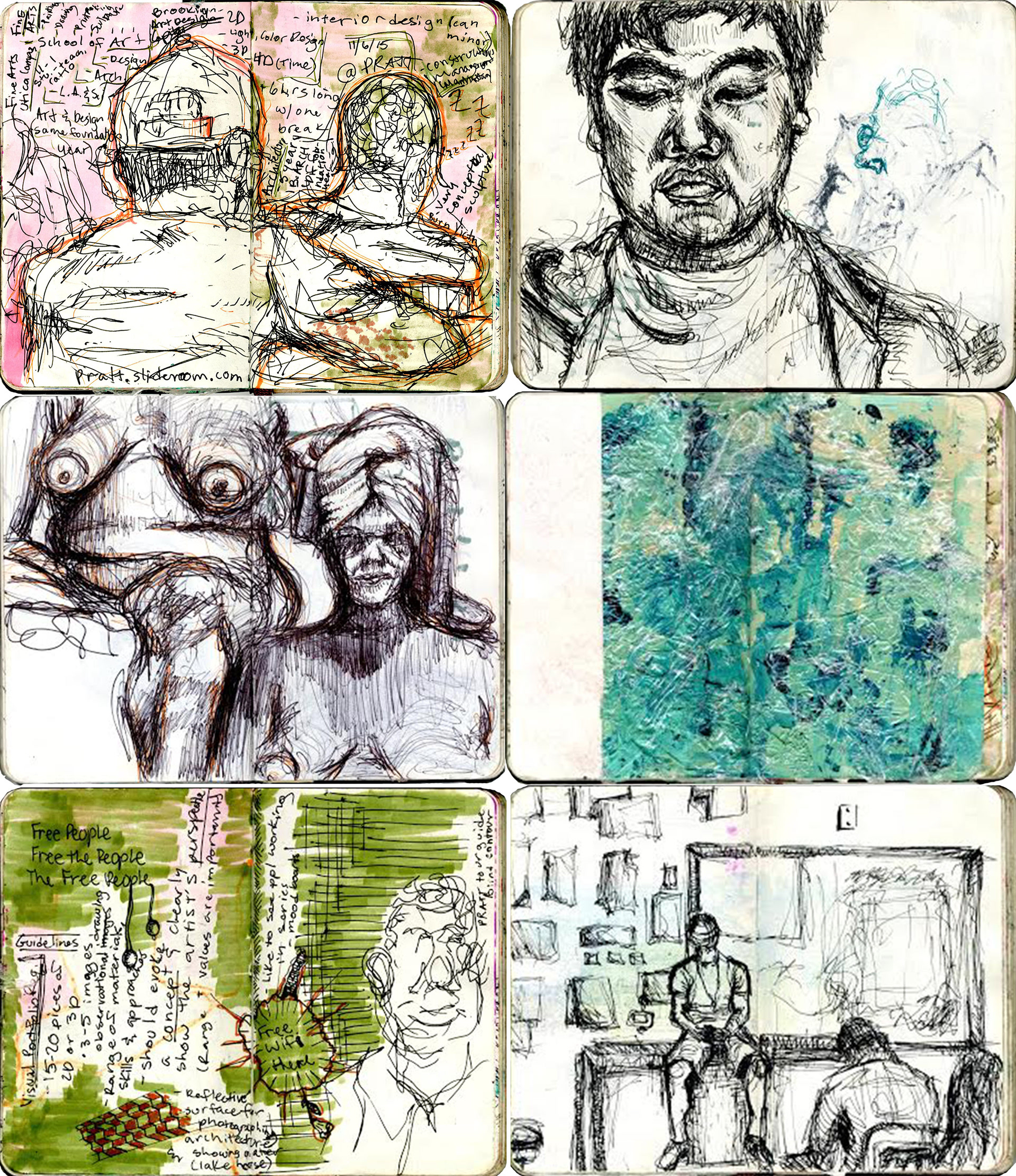 4"x6" each : sketchbook spread with pen, marker, water color, paint, plastic