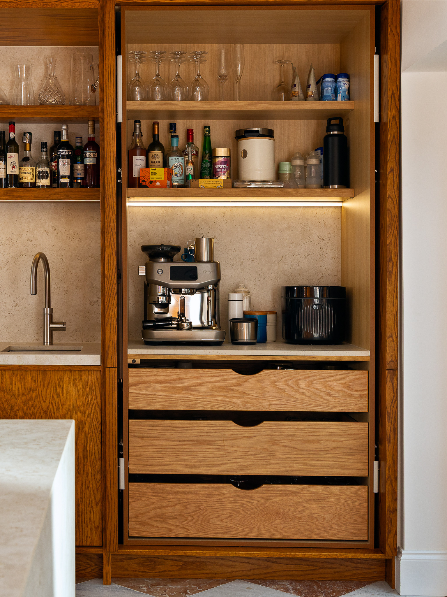 Custom pocket-door bar and coffee station