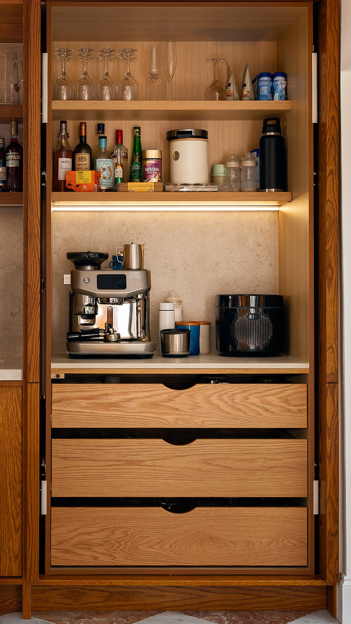 Custom pocket-door bar and coffee station