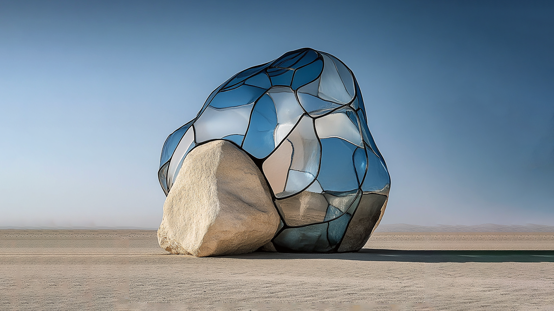 Prototype AD 002 H 8 m x W 3.5 m (inox 304 structure, unique blown glass plates, natural limestones)