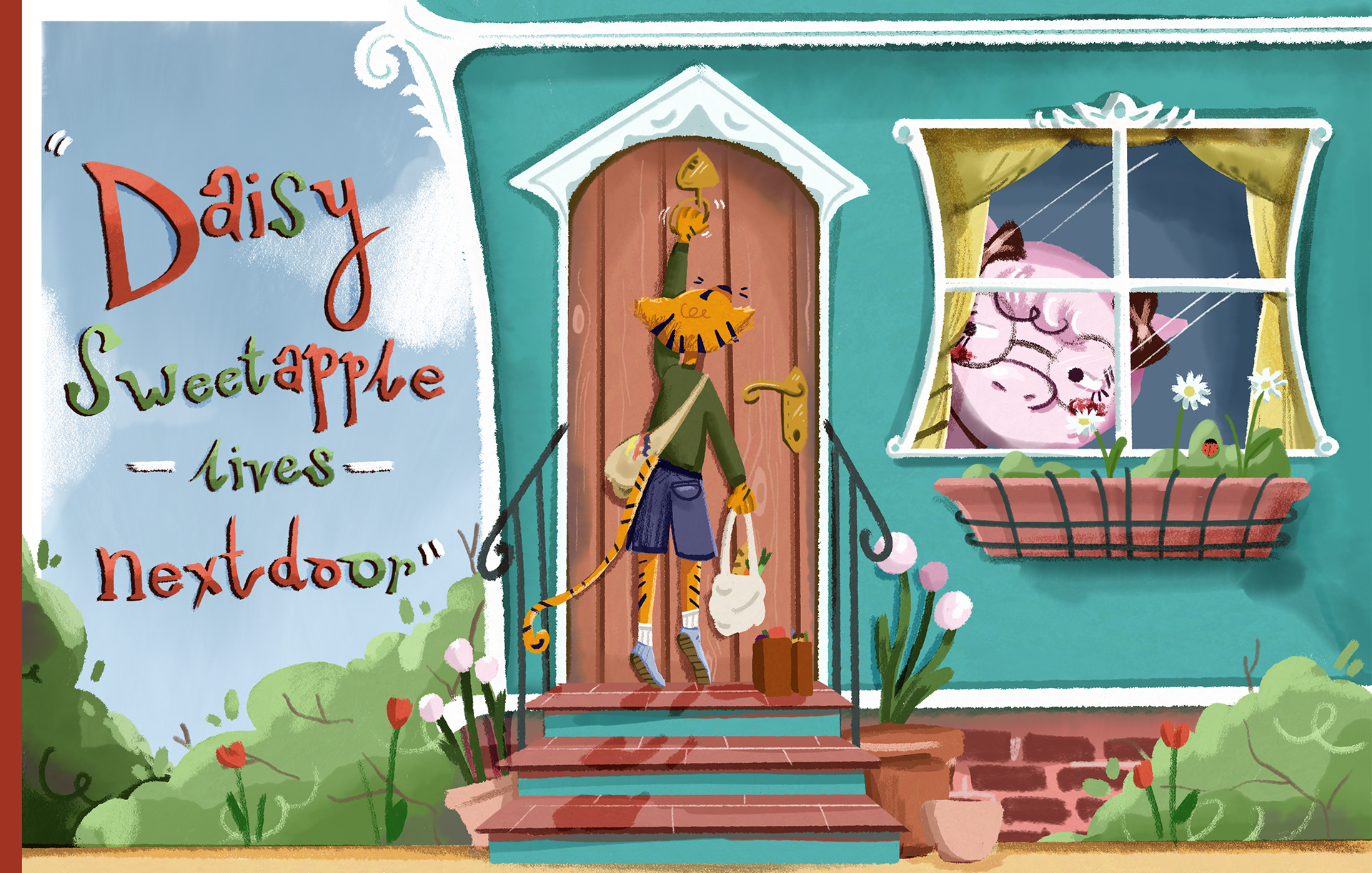 Cover for the imagined book - "Daisy Sweetapple lives nextdoor"