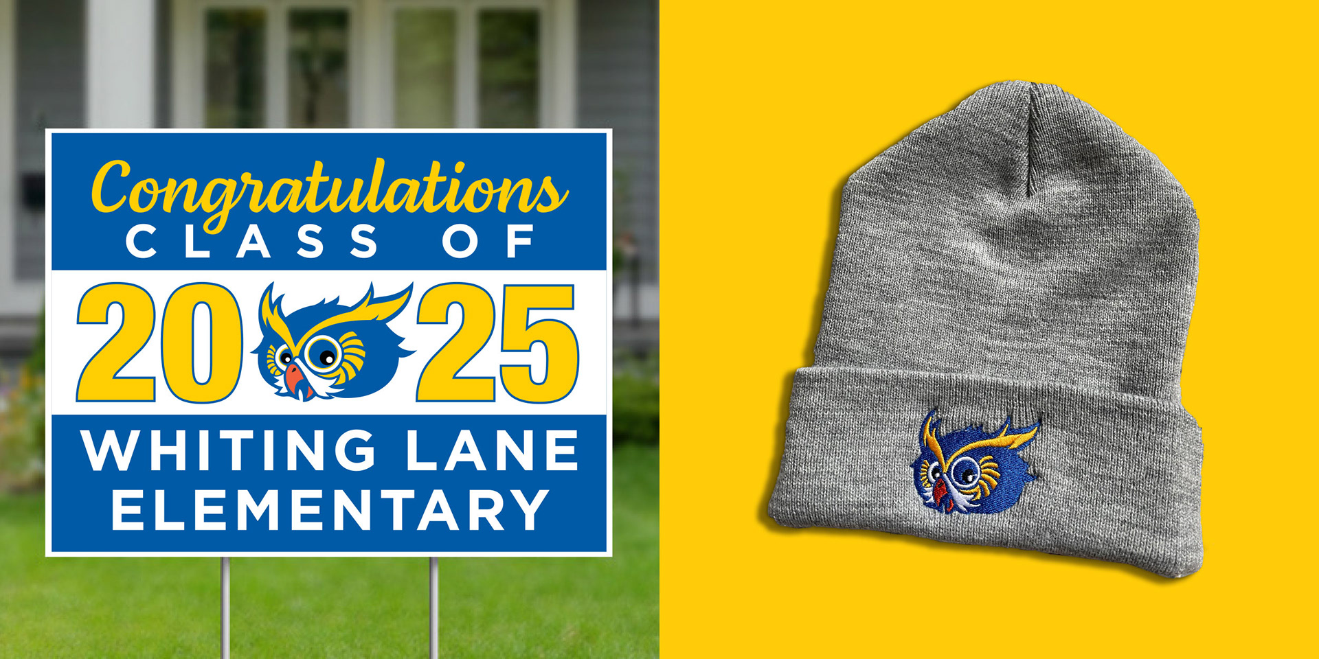 Whiting Lane Graduation Yard Sign & Knit Beanie Using Custom Mascot Design