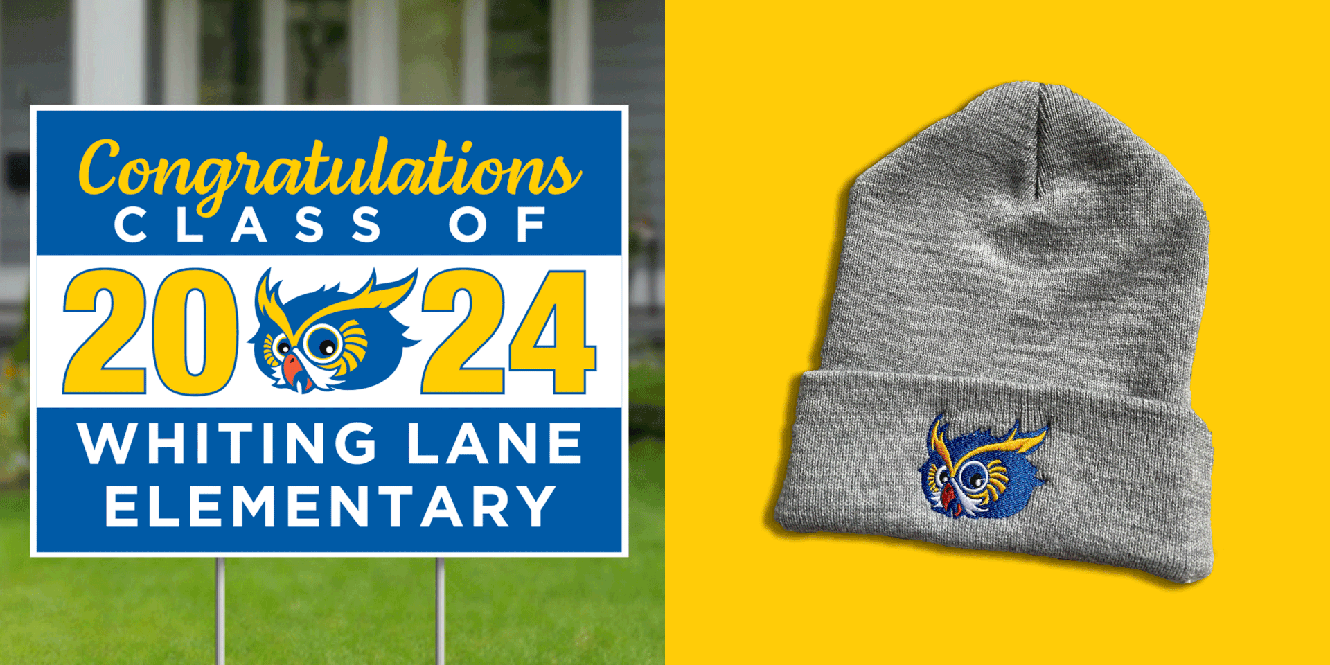Whiting Lane Graduation Yard Sign & Knit Beanie Using Custom Mascot Design
