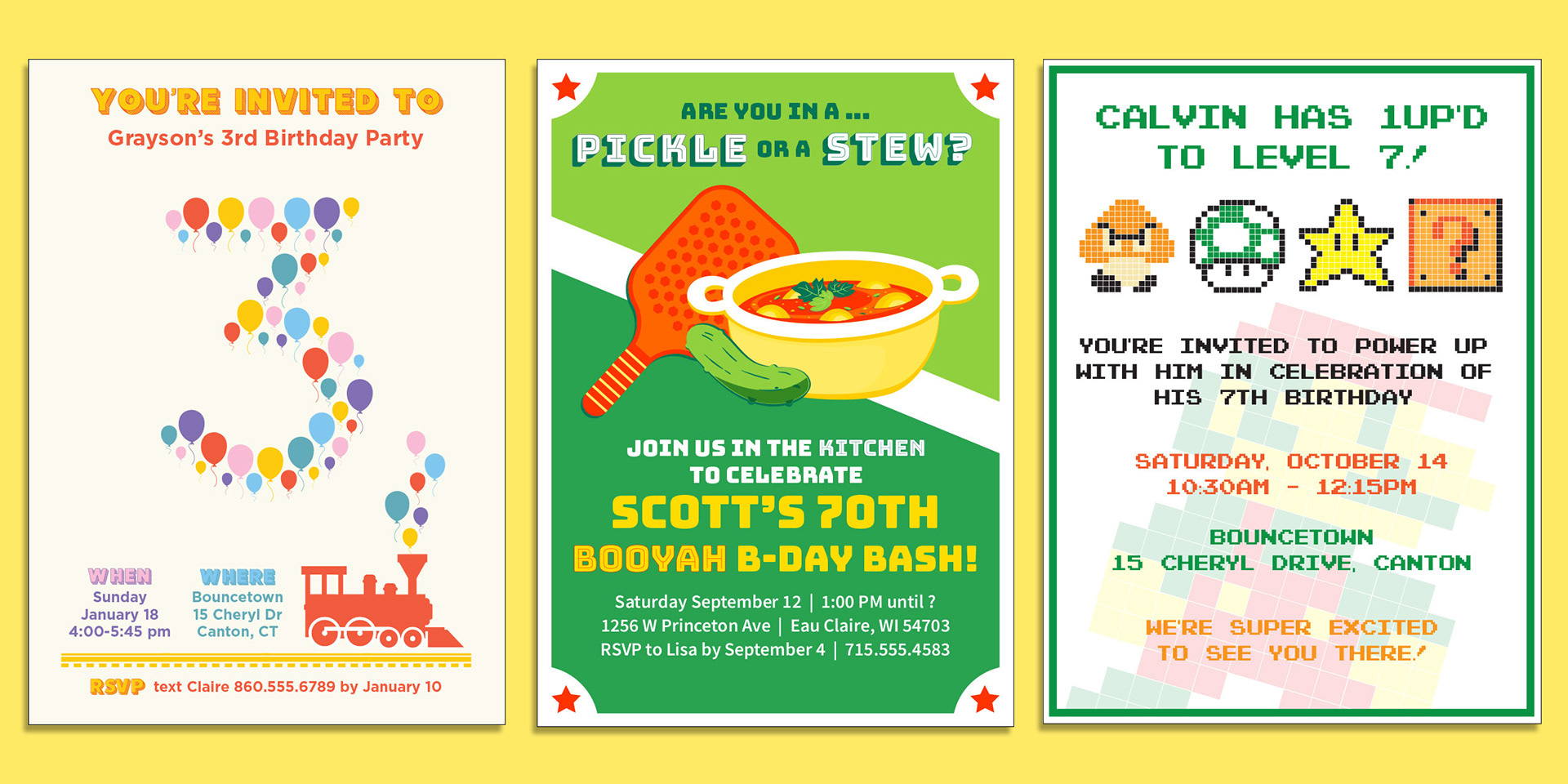 three party invitation designs using both digital hand-drawn elements, as well as stock elements