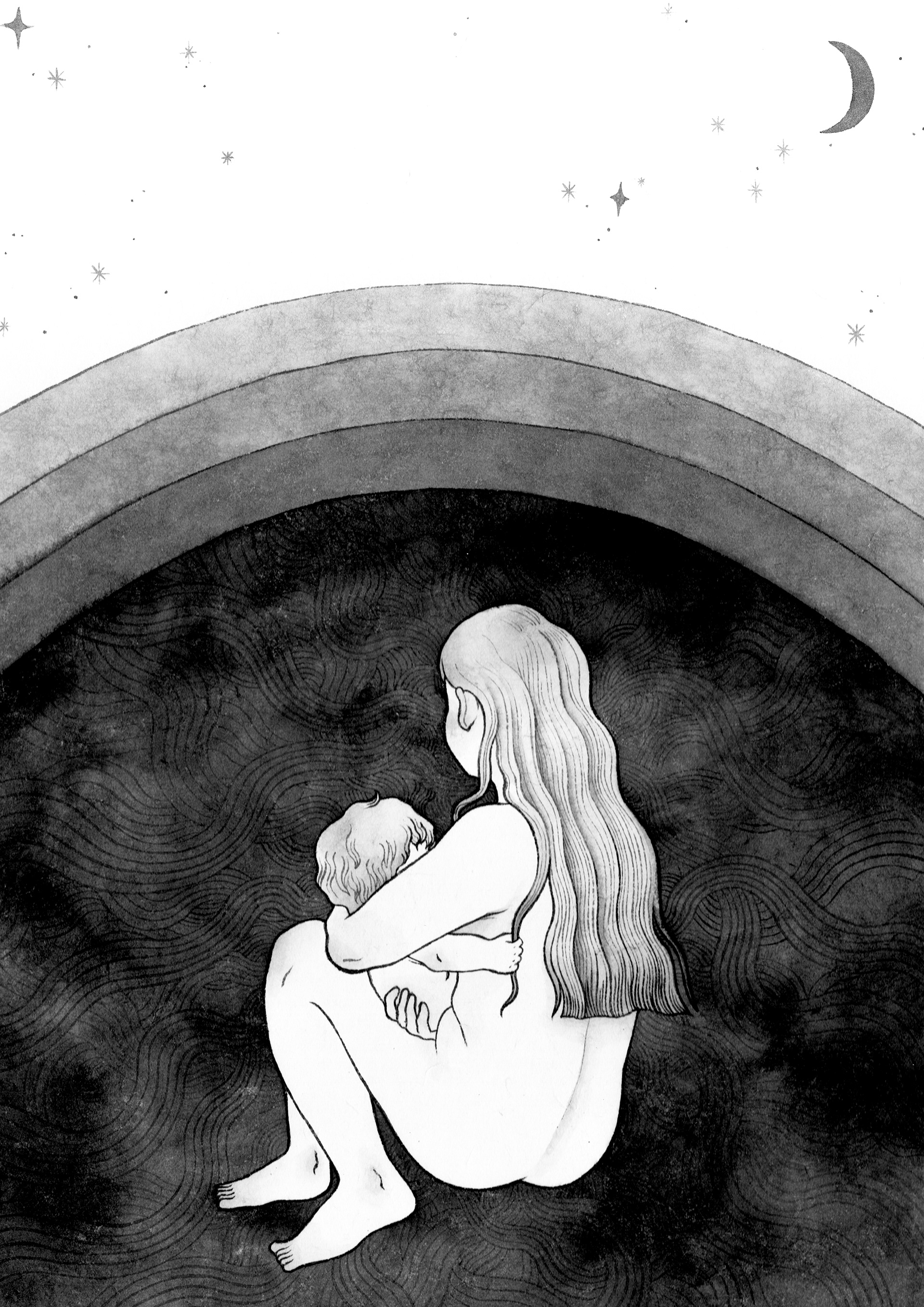 The Babe Born in the Grave, Ink on Mulberry paper, 29 x 41 cm, 2025