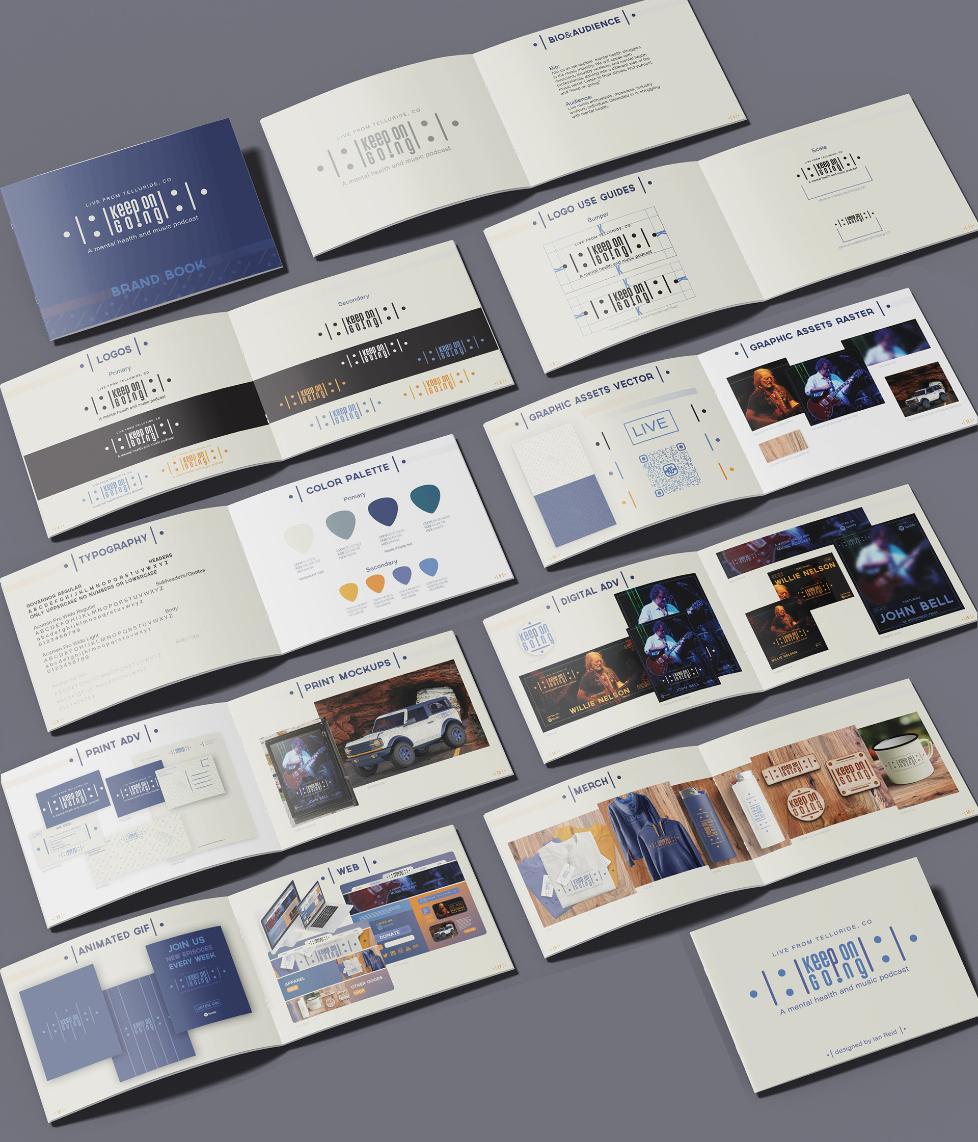 Reid Creations, Ian Reid, Graphic Design, Fort Collins Graphic Designer, Graphic Design Services Colorado, Reid Creations LLC, logo design, branding, red rocks, Colorado, illustration, mental health, music, podcast, Jeff Austin, John Bell, yonder Mountain string band, widespread panic, mental health, and music podcast, GIF, animation, brand book, brand guidelines, color theory, typography, markup, concert photography, vehicle wrap, keep on going, Spotify, merchandise, screen printing