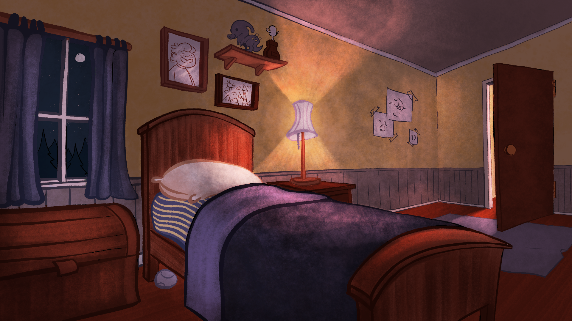 This is the final background showing the full bedroom of the son, as the mom shuts out the light.