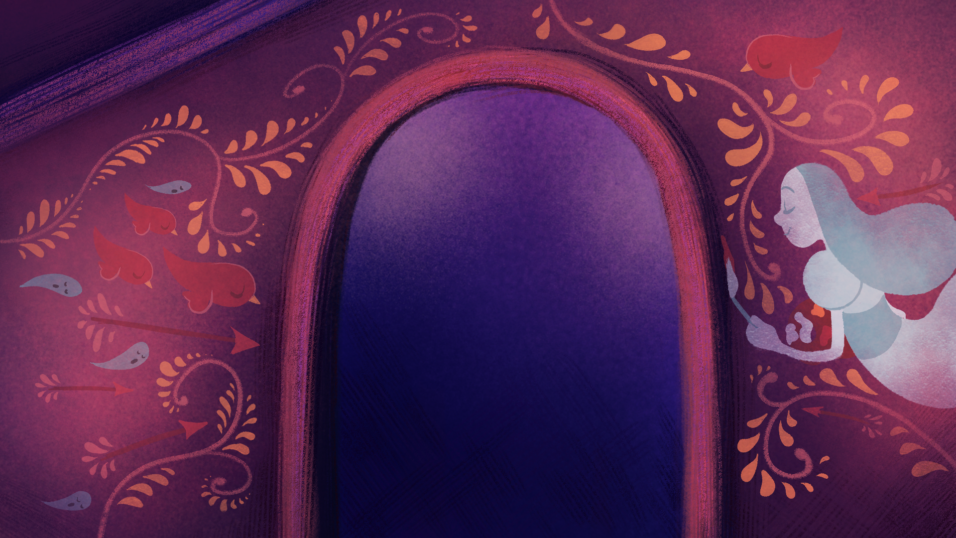 Final Background for the attic entrance -- the ghost leads us with paintings!