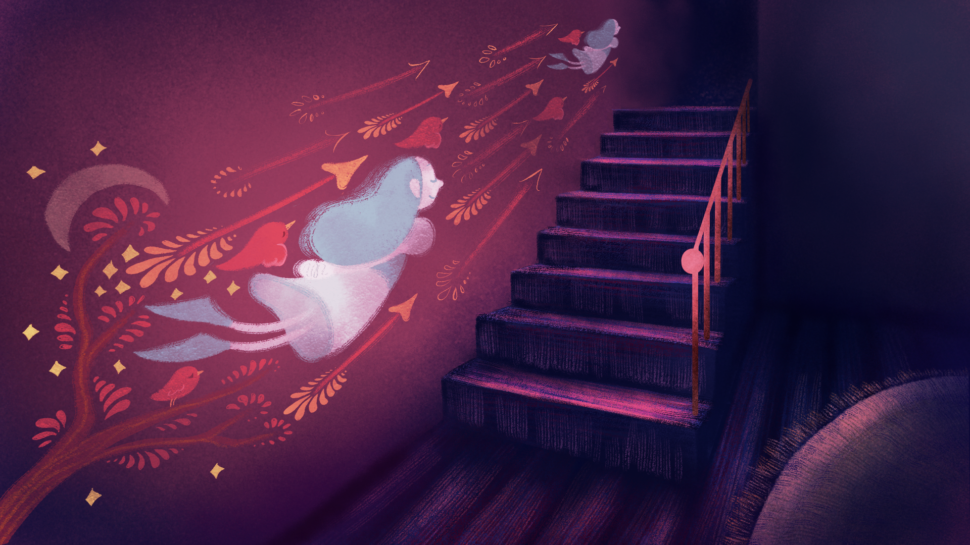 The ghost leads the characters with paintings up the stairwell.