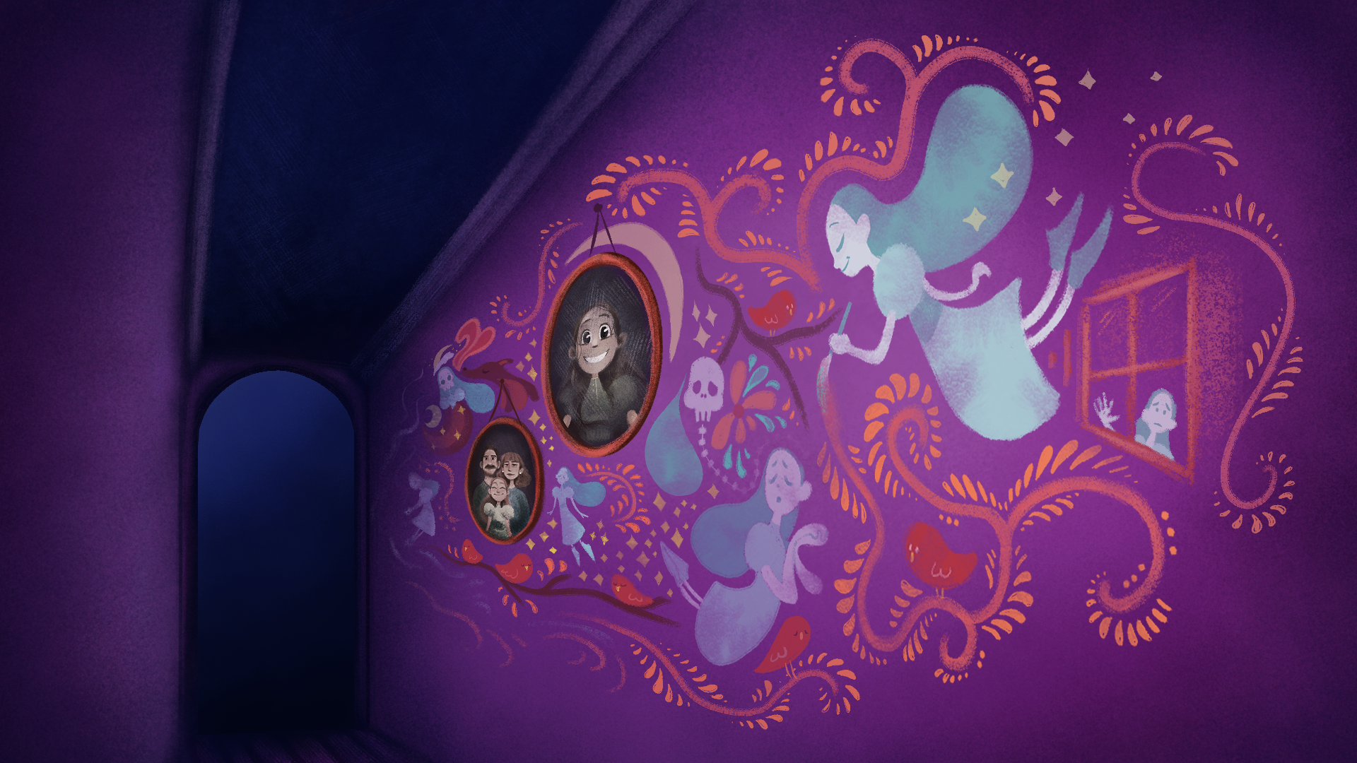 Final Background for the hallway, the ghost illustrates her life.