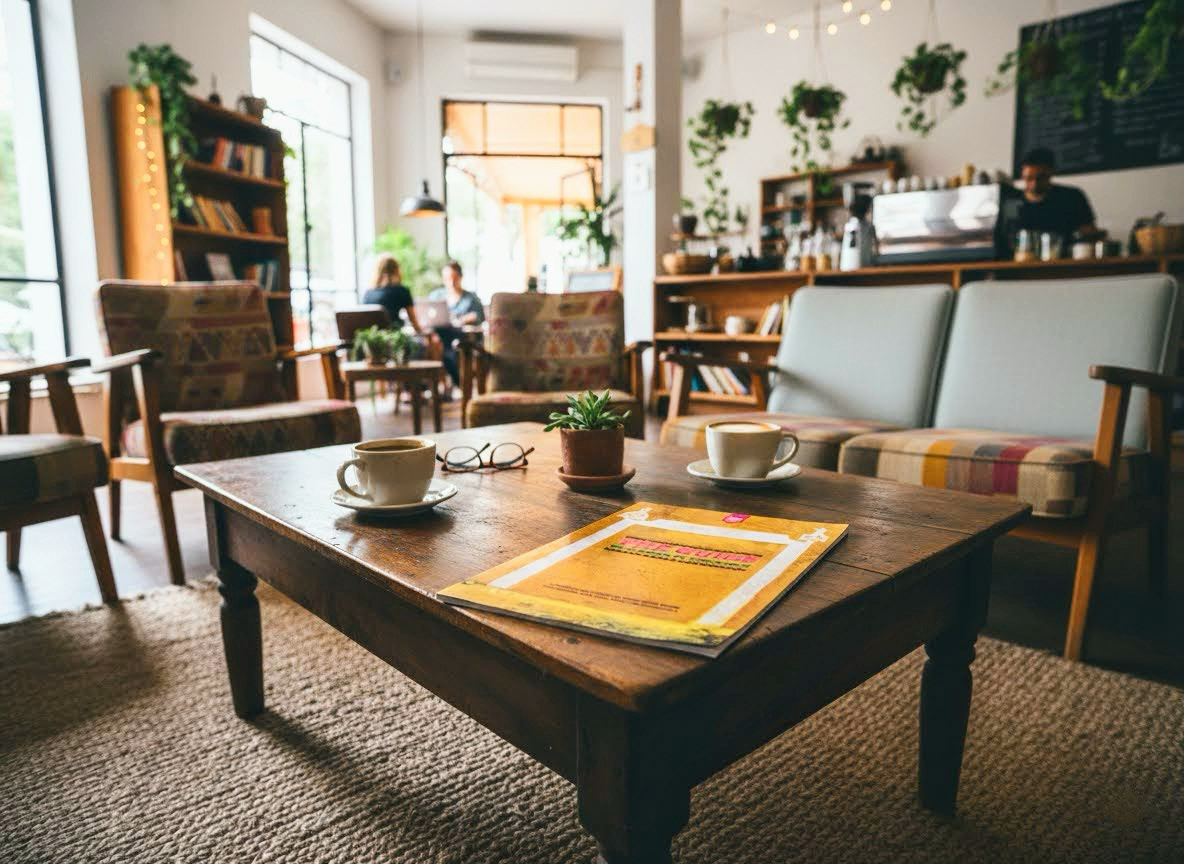 AI-generated image showing a cozy coffee shop interior with a printed copy of “The Guide to Living in Yucatán” displayed on a central table, evoking real-world use by expats and local entrepreneurs.