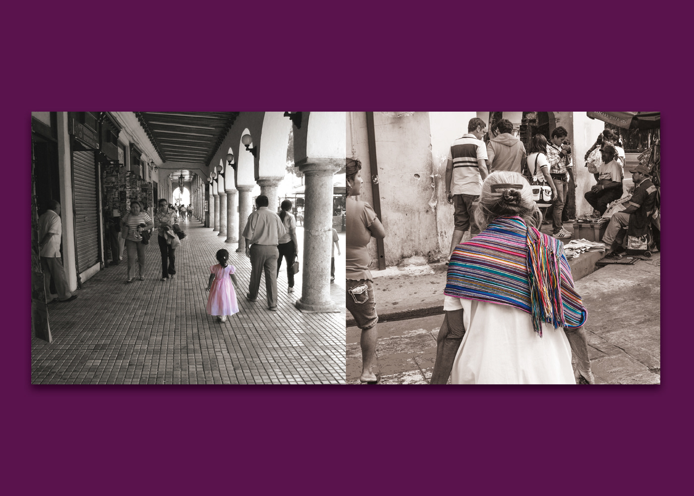 Left photo: Girl wearing a pink dress | Right photo: Old woman's back wearing a colorful scarf