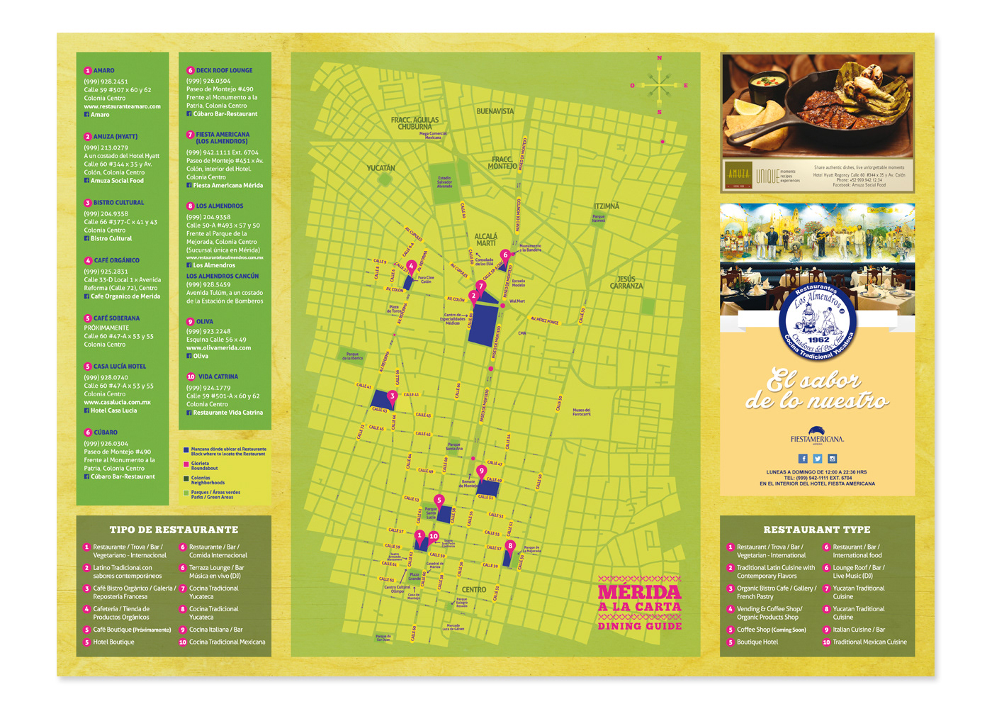 Merida city map showing restaurant annotations and some ads.