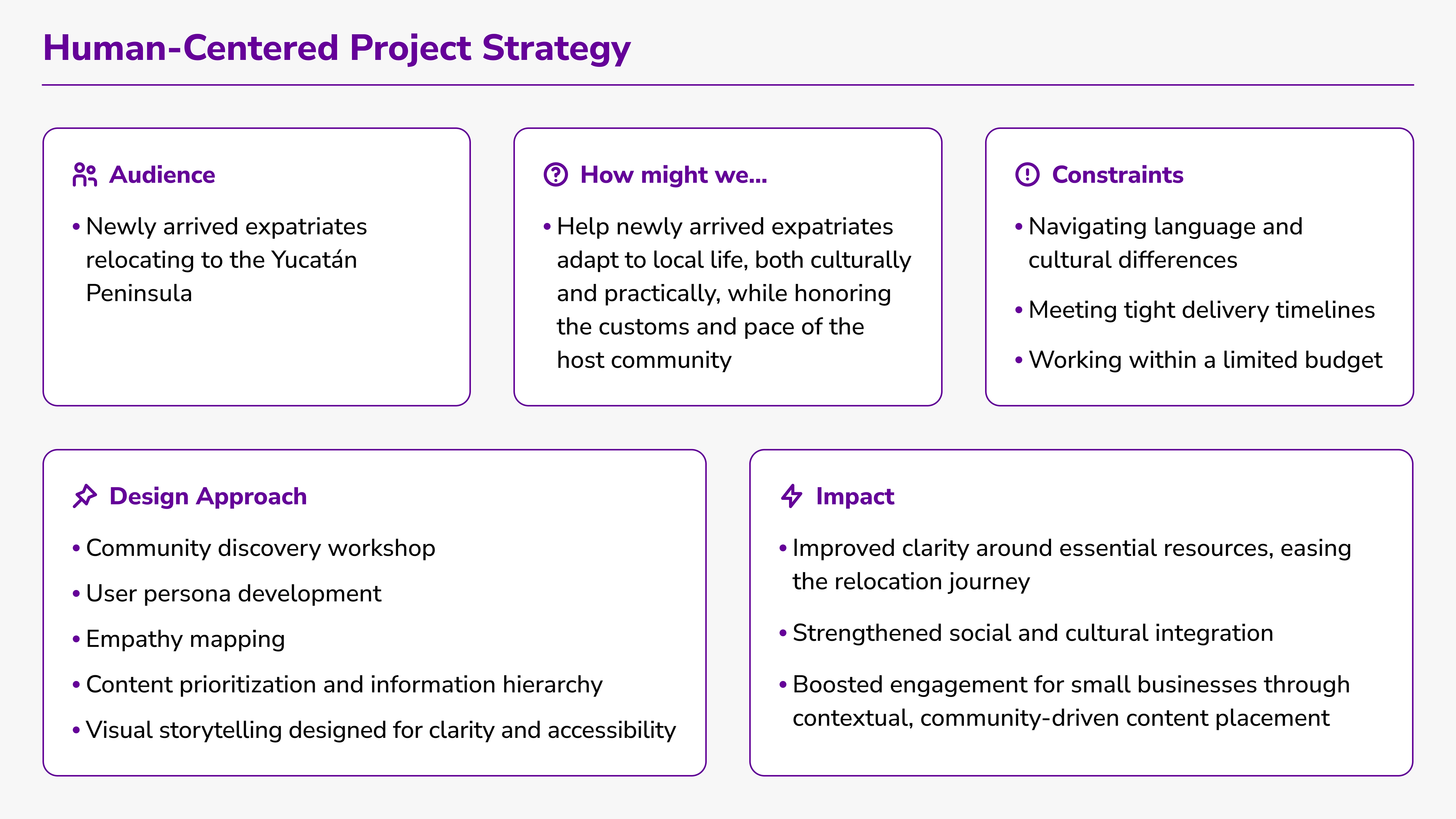 Diagram titled "Human-Centered Project Strategy" showing six blocks: target audience of newly arrived expatriates in Yucatán, a design challenge focused on cultural and practical adaptation, project constraints like language barriers and tight deadlines, a design approach grounded in user research and storytelling, and outcomes including better clarity, cultural integration, and stronger engagement for local businesses.