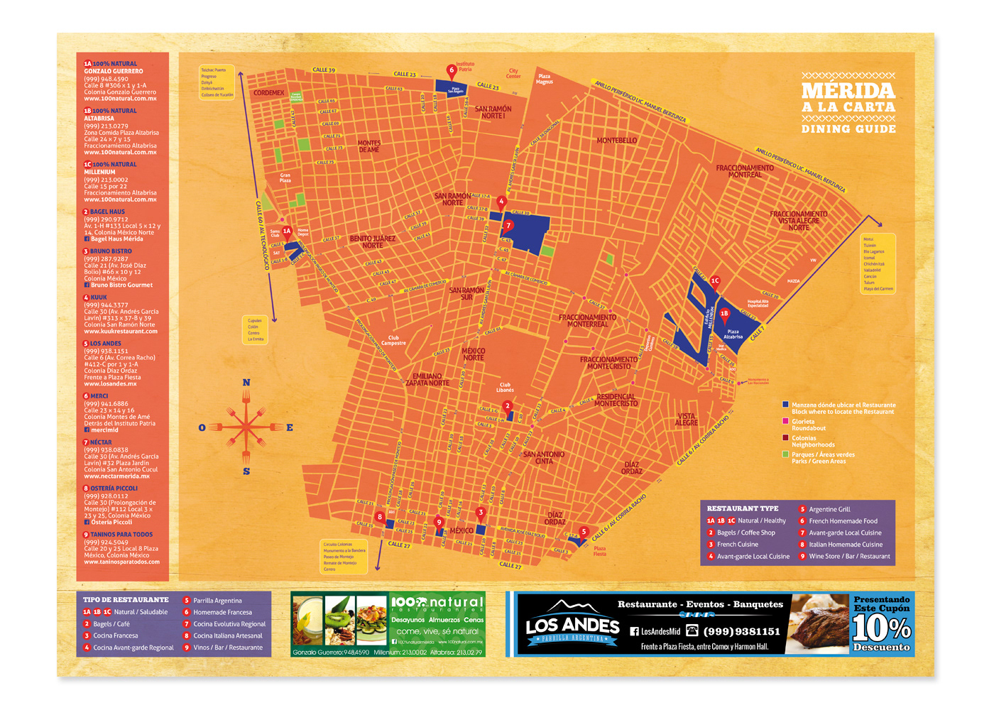 Merida city map showing restaurant annotations and some ads.